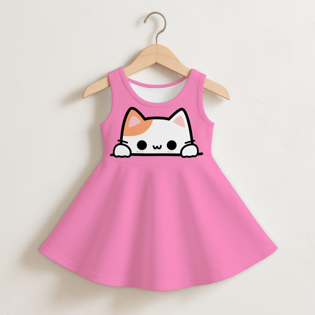 Girls peeking cat sleeveless dress in pink with a white and orange cartoon cat peeking over the hem
