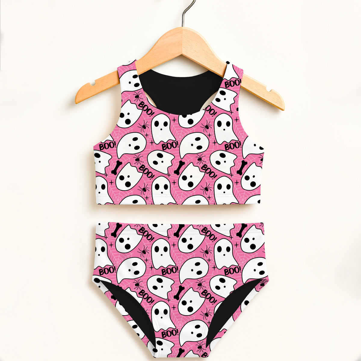 Girls Pink Ghost Halloween Two Piece Swimsuit – Double Layered UPF 50+ High Waisted Comfort