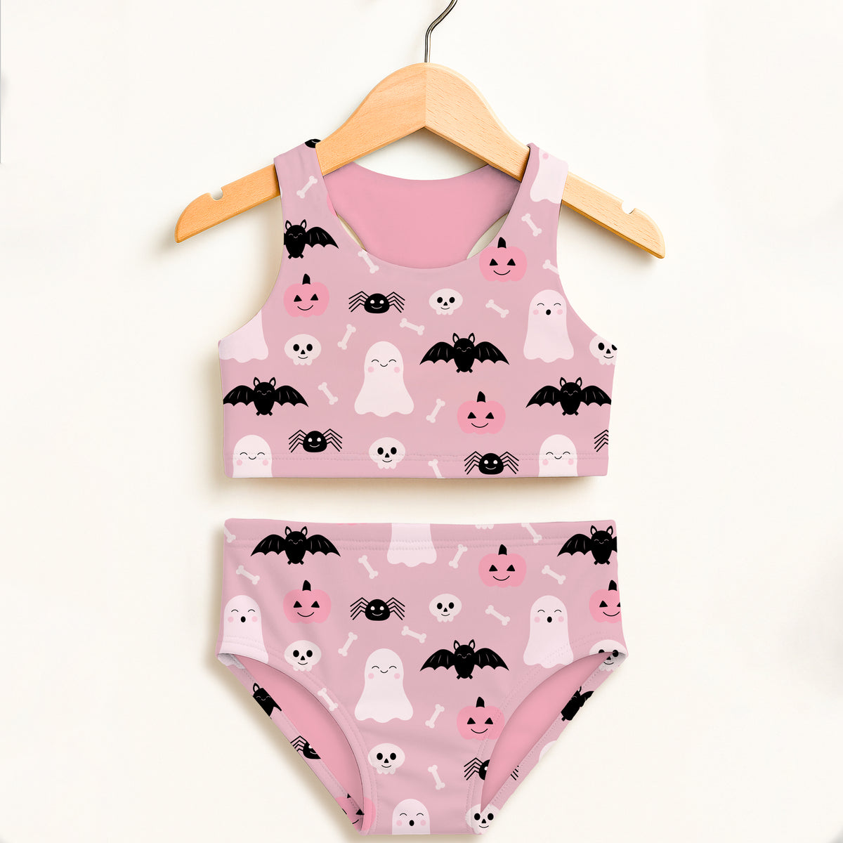 Girls Pink Ghosts & Bats Halloween Two Piece Swimsuit – Double Layered UPF 50+ High Waisted Comfort