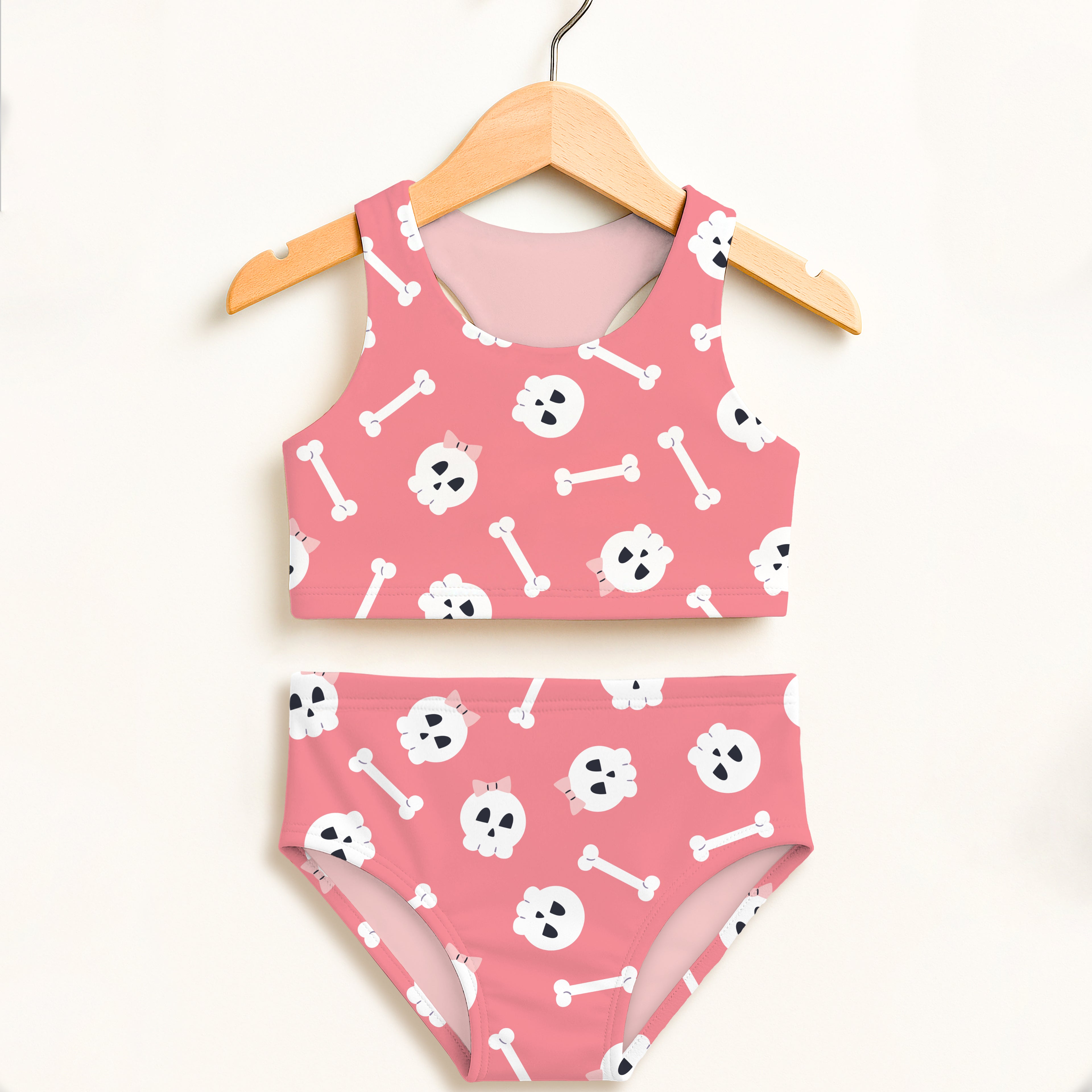 Girls Pink Skull Halloween Two Piece Swimsuit – Double Layered UPF 50+ High Waisted Comfort