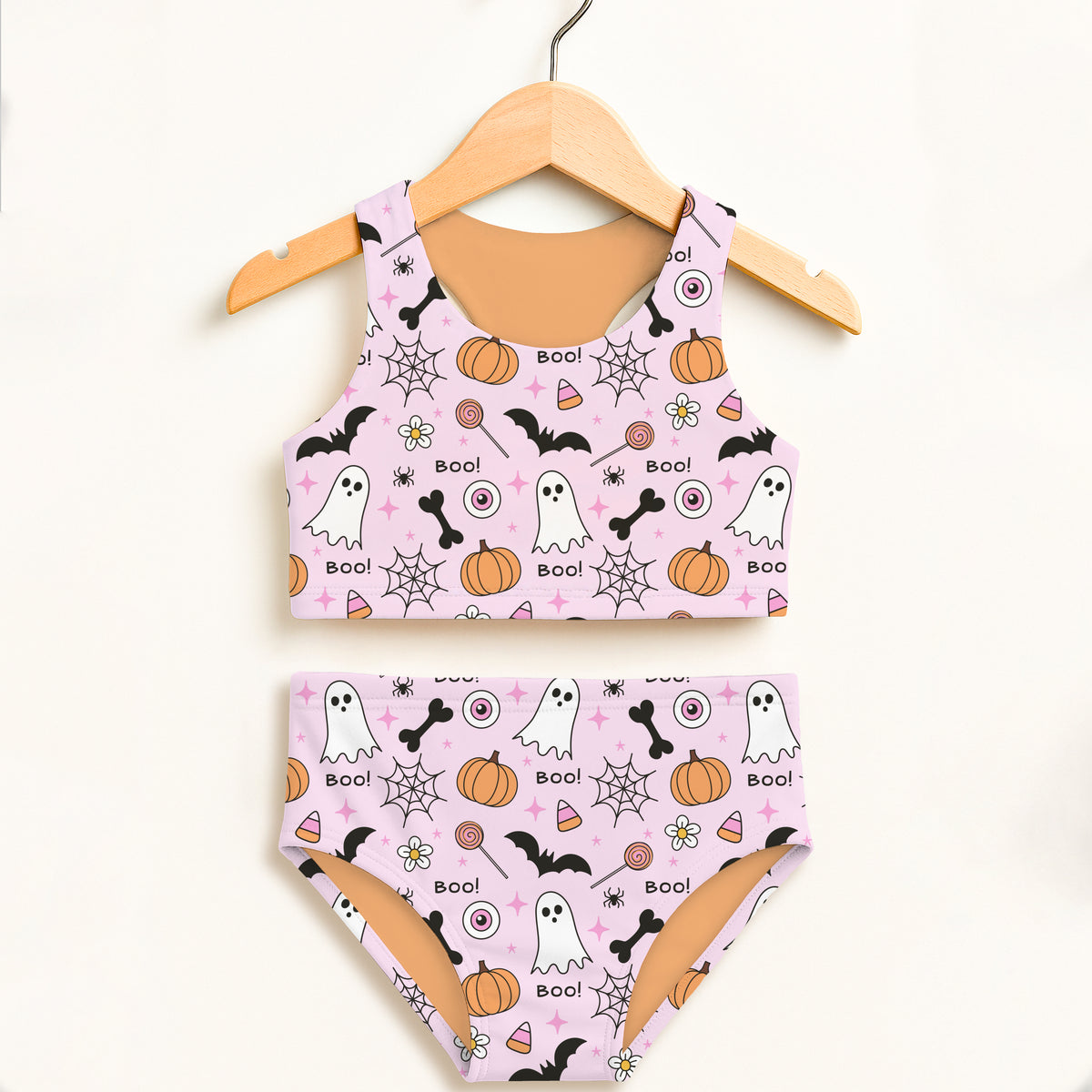 Girls Pink Halloween Two Piece Swimsuit – Double Layered UPF 50+ High Waisted Comfort