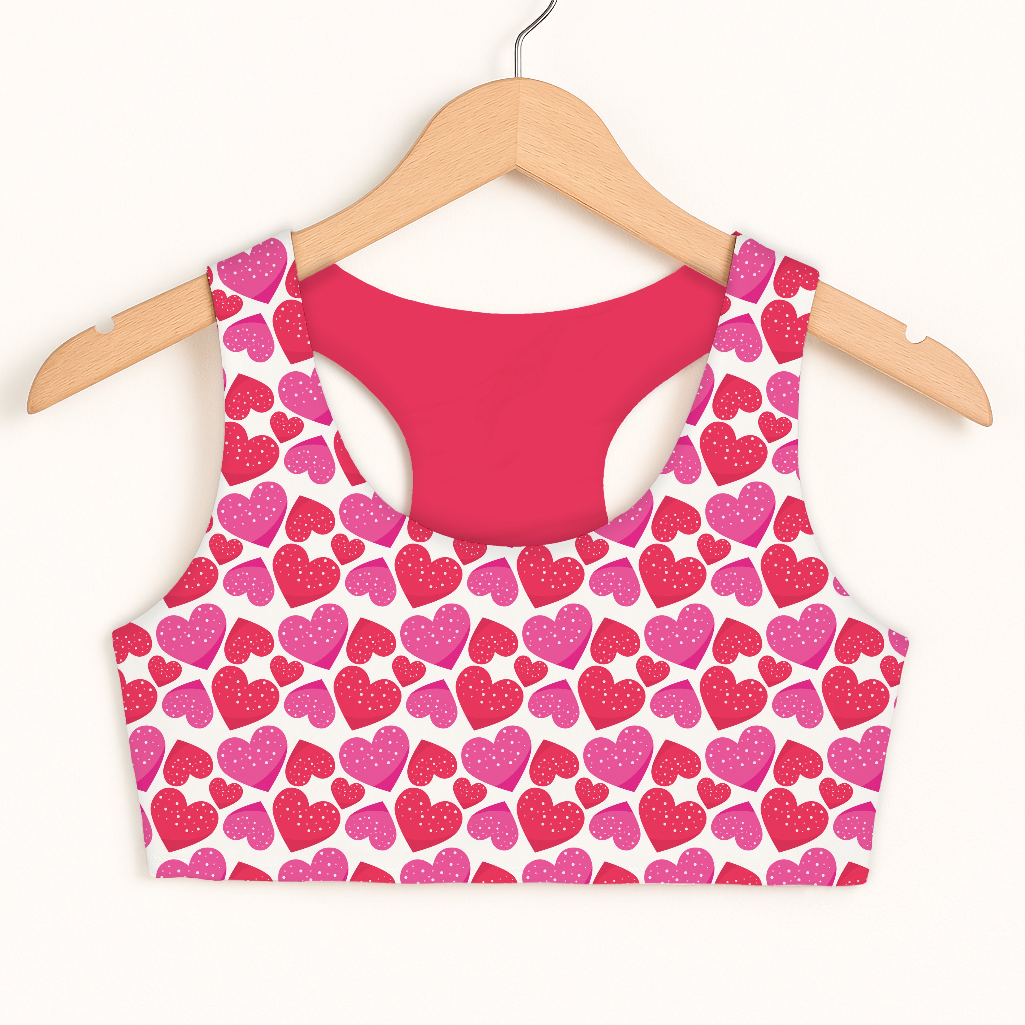 Girls Valentine’s Day pink heart sports bra with quick drying double layered comfort and solid red interior lining