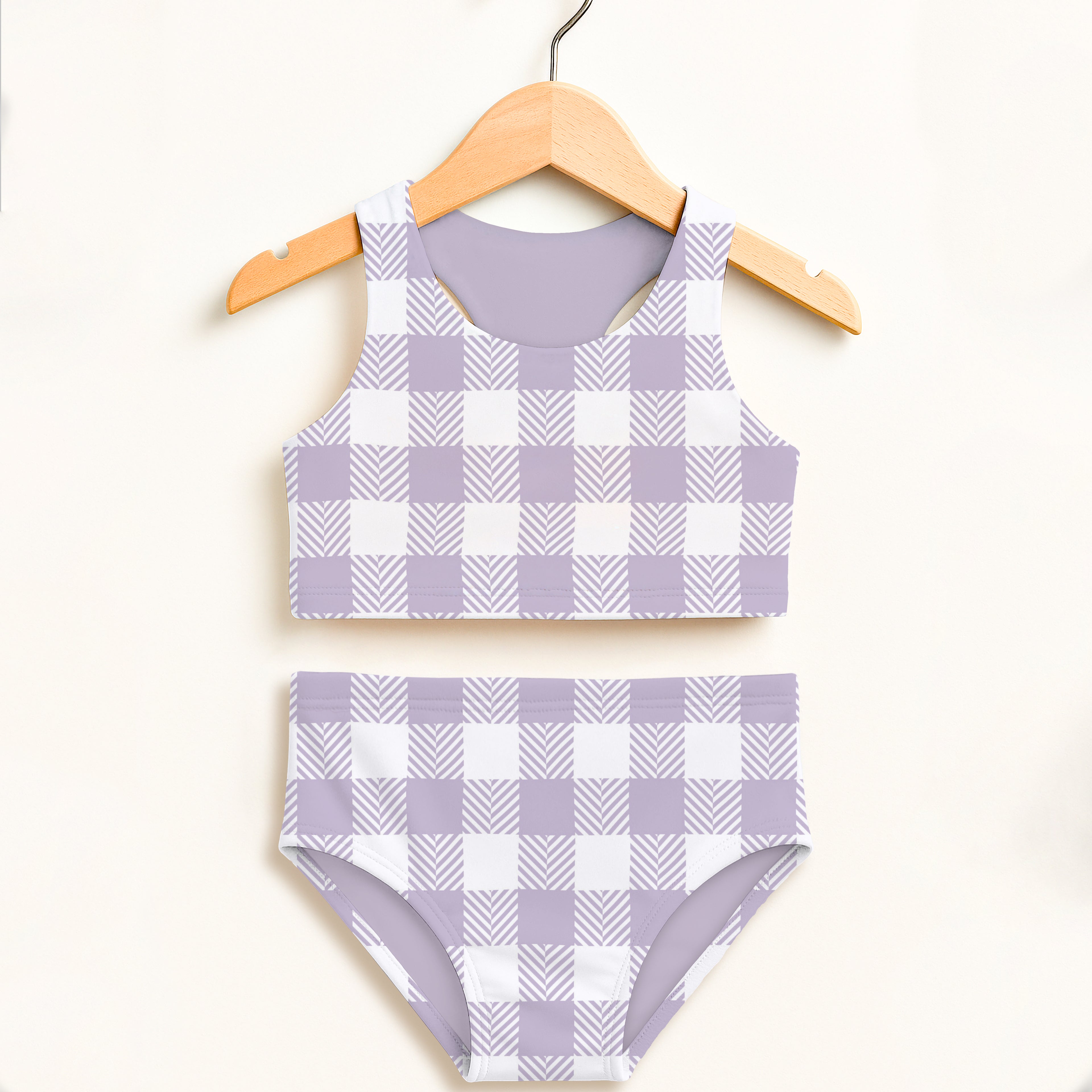 Lavender and white herringbone check girls two piece swimsuit set with double layered upf 50 plus high waisted comfort