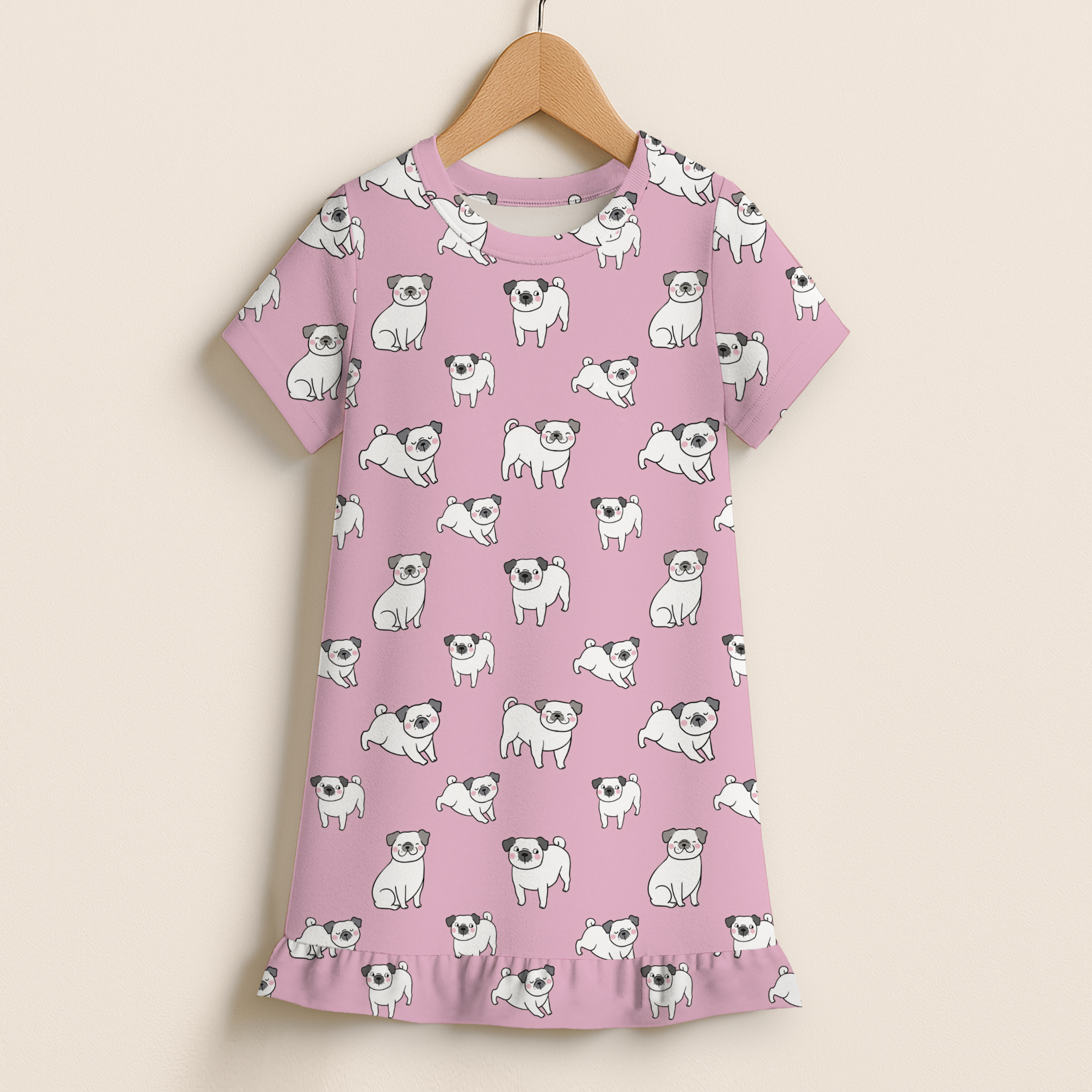 Girls Pink Pug Short Sleeve Ruffle Hem Dress