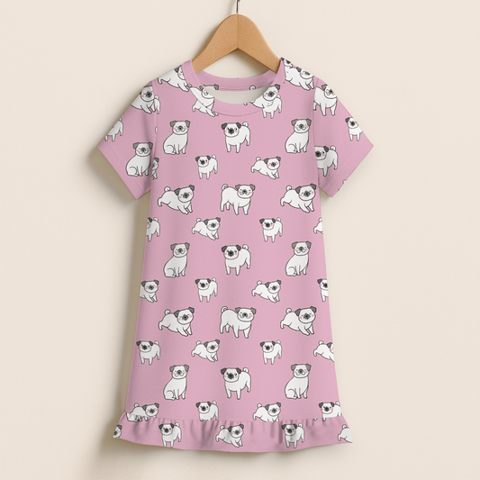 Girls Pink Pug Short Sleeve Ruffle Hem Dress