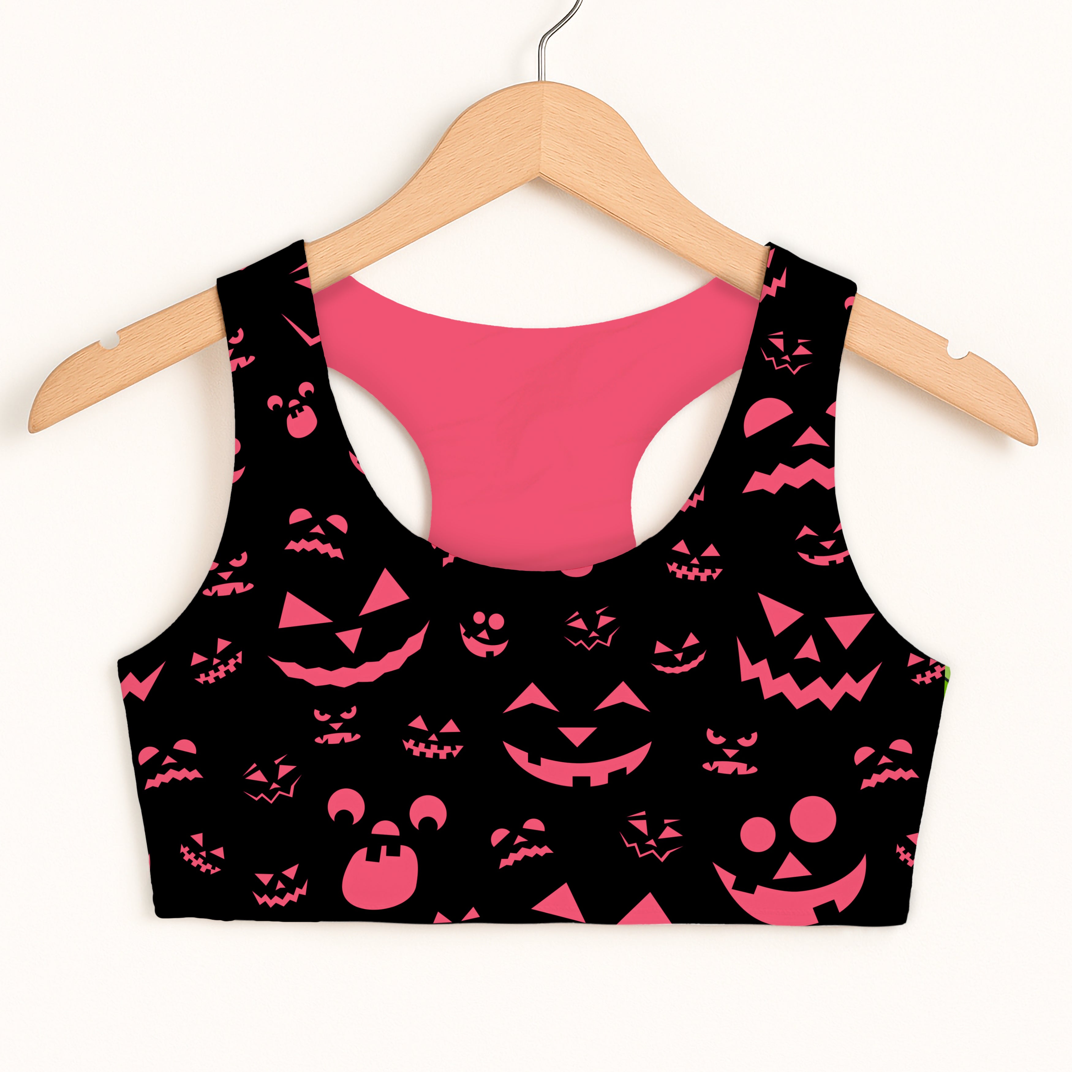 Girls Pink Jack-O'-Lantern Faces Halloween Sports Bra - Quick Drying, Double Layered Comfort