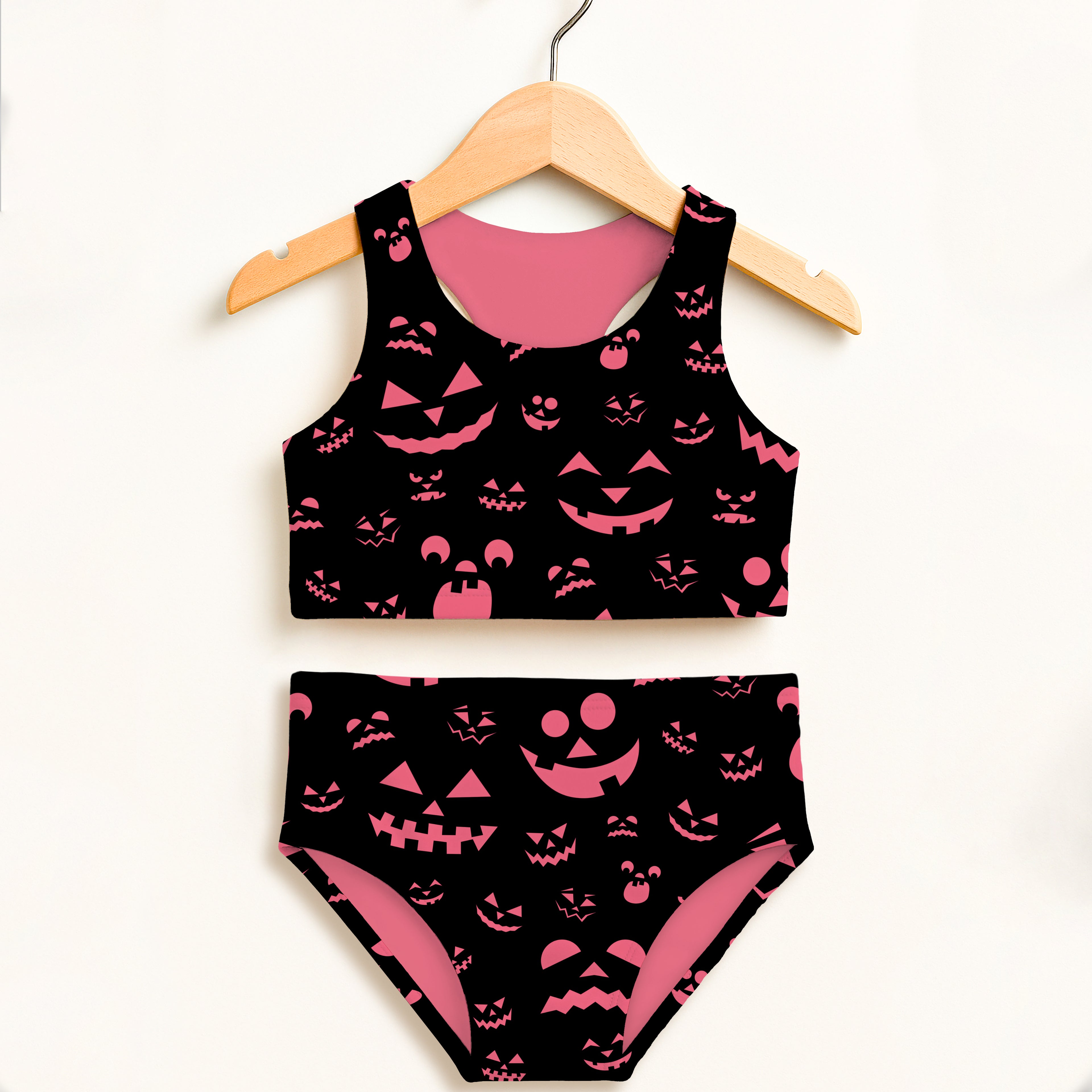 Girls Pink Jack-O’-Lantern Halloween Two Piece Swimsuit – Double Layered UPF 50+ High Waisted Comfort