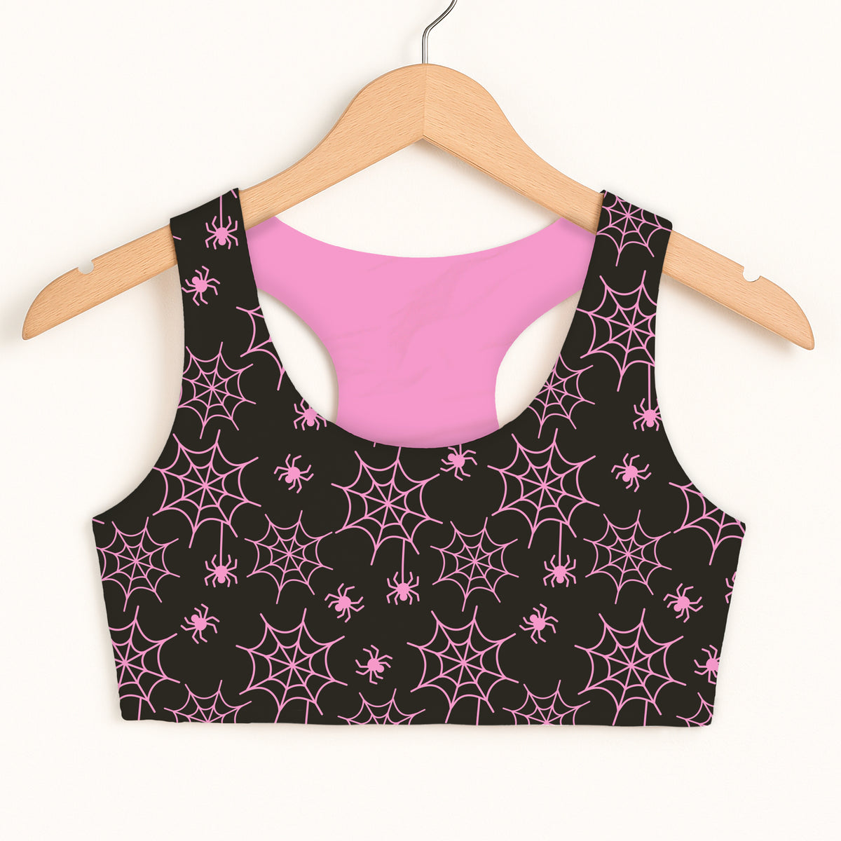 Girls Pink Spider Web Halloween Sports Bra - Quick Drying, Double Layered Comfort