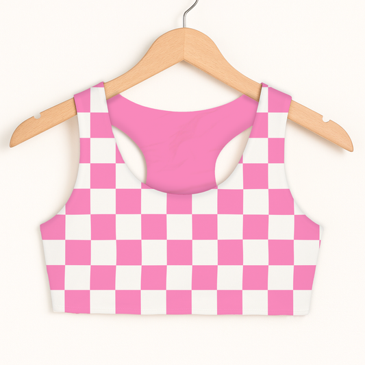 Girls Pink Checkerboard Sports Bra — Quick Drying, Double Layered Comfort
