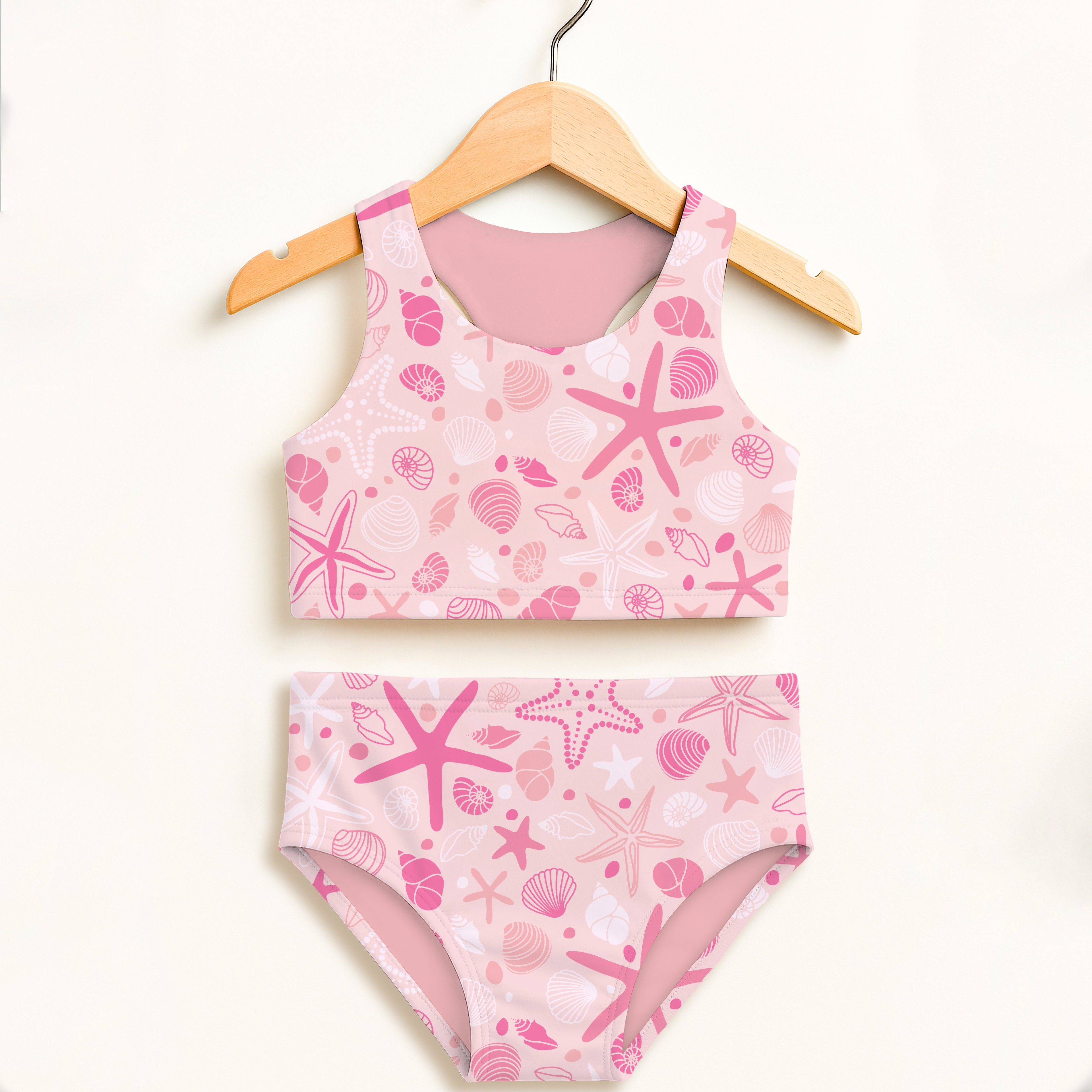 Girls pink starfish and seashell patterned two-piece swimsuit set with double layered UPF 50+ high waisted comfort