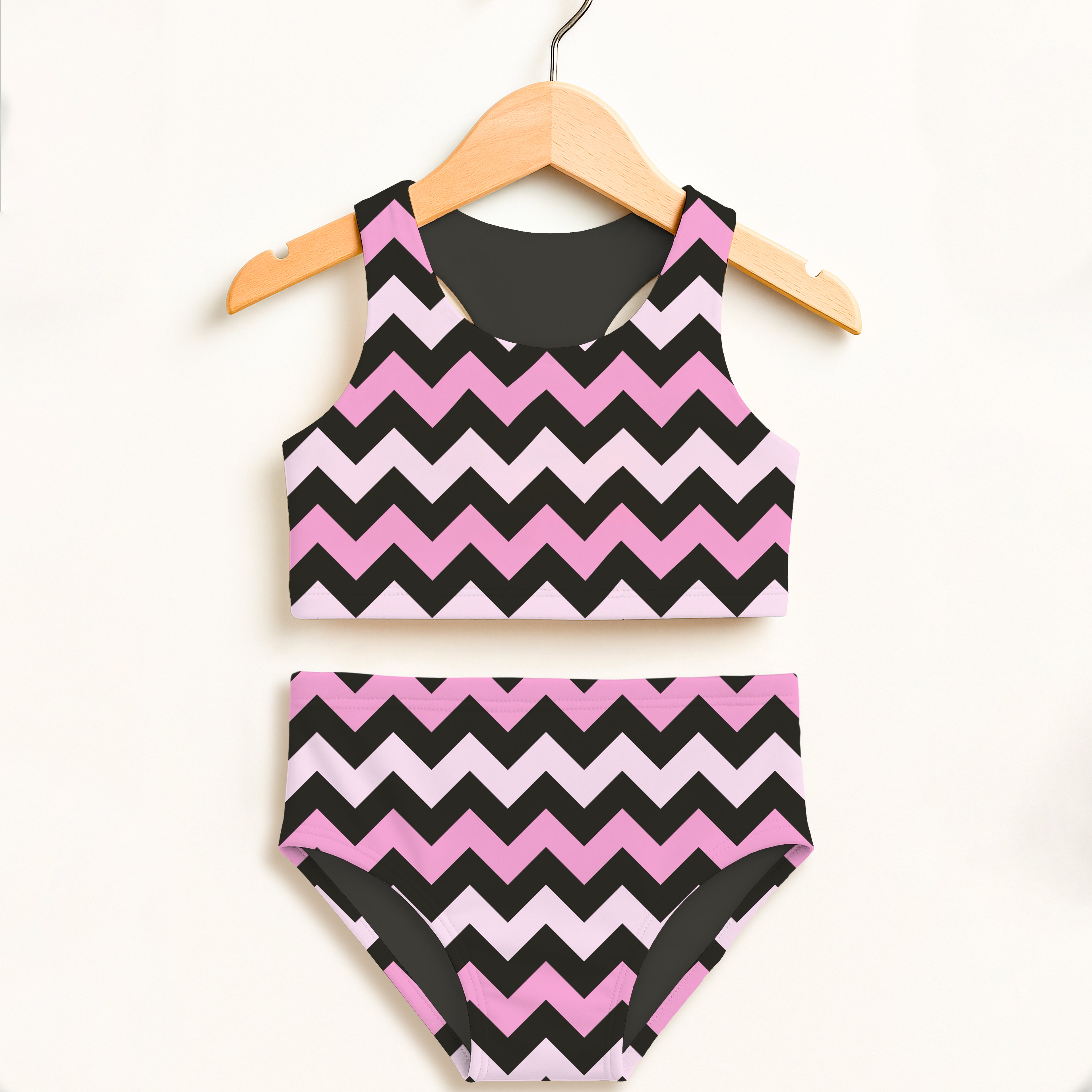 Girls Pink & Black Chevron Halloween Two Piece Swimsuit – Double Layered UPF 50+ High Waisted Comfort