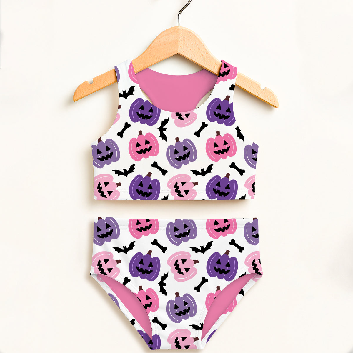 Girls Pink & Purple Pumpkin Two Piece Swimsuit – Double Layered UPF 50+ High Waisted Comfort