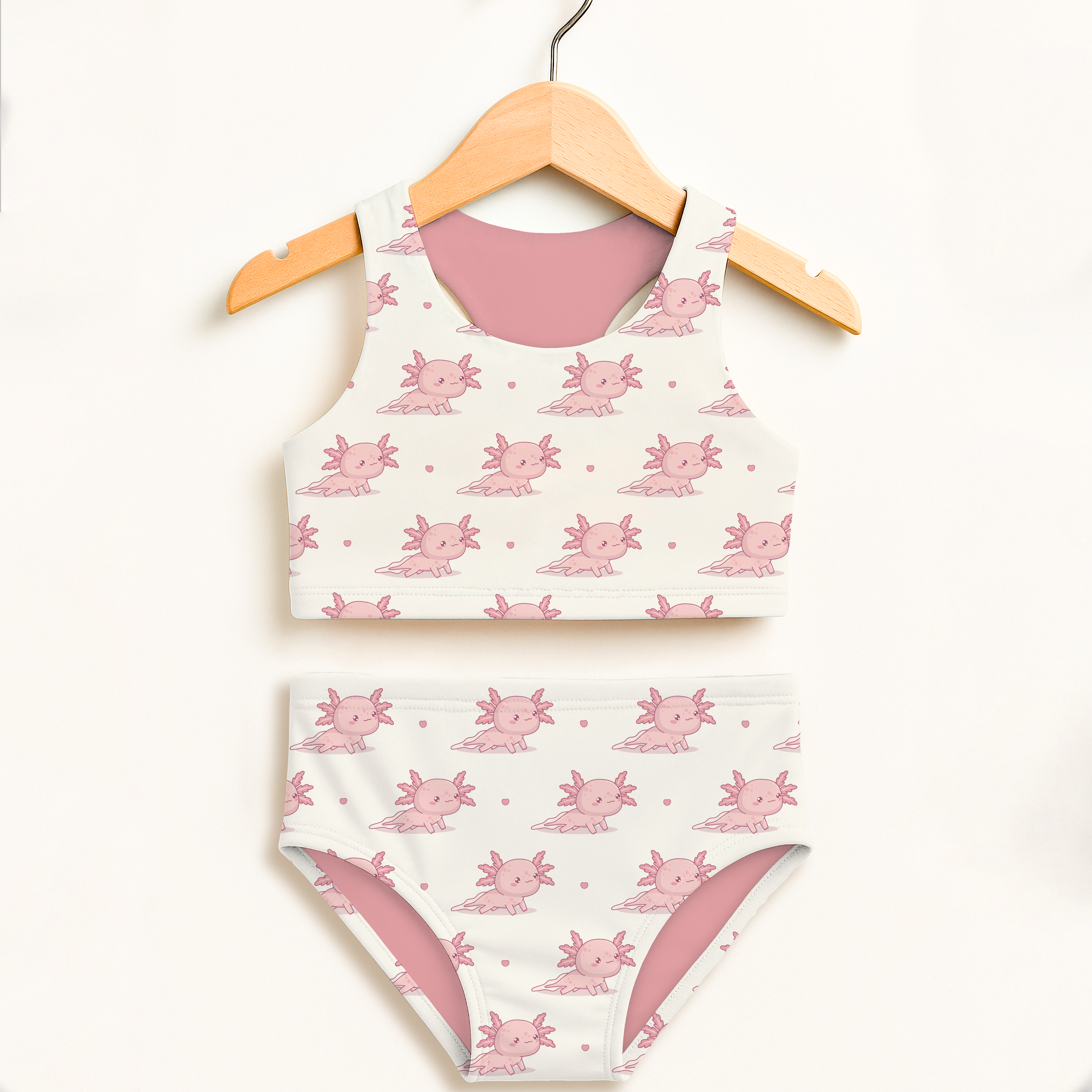 Girls Pink Axolotl Two Piece Swimsuit – Double Layered UPF 50+ High Waisted Comfort