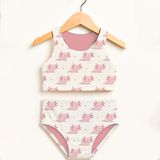 Girls Pink Axolotl Two Piece Swimsuit – High Waisted, Double Layered Comfort