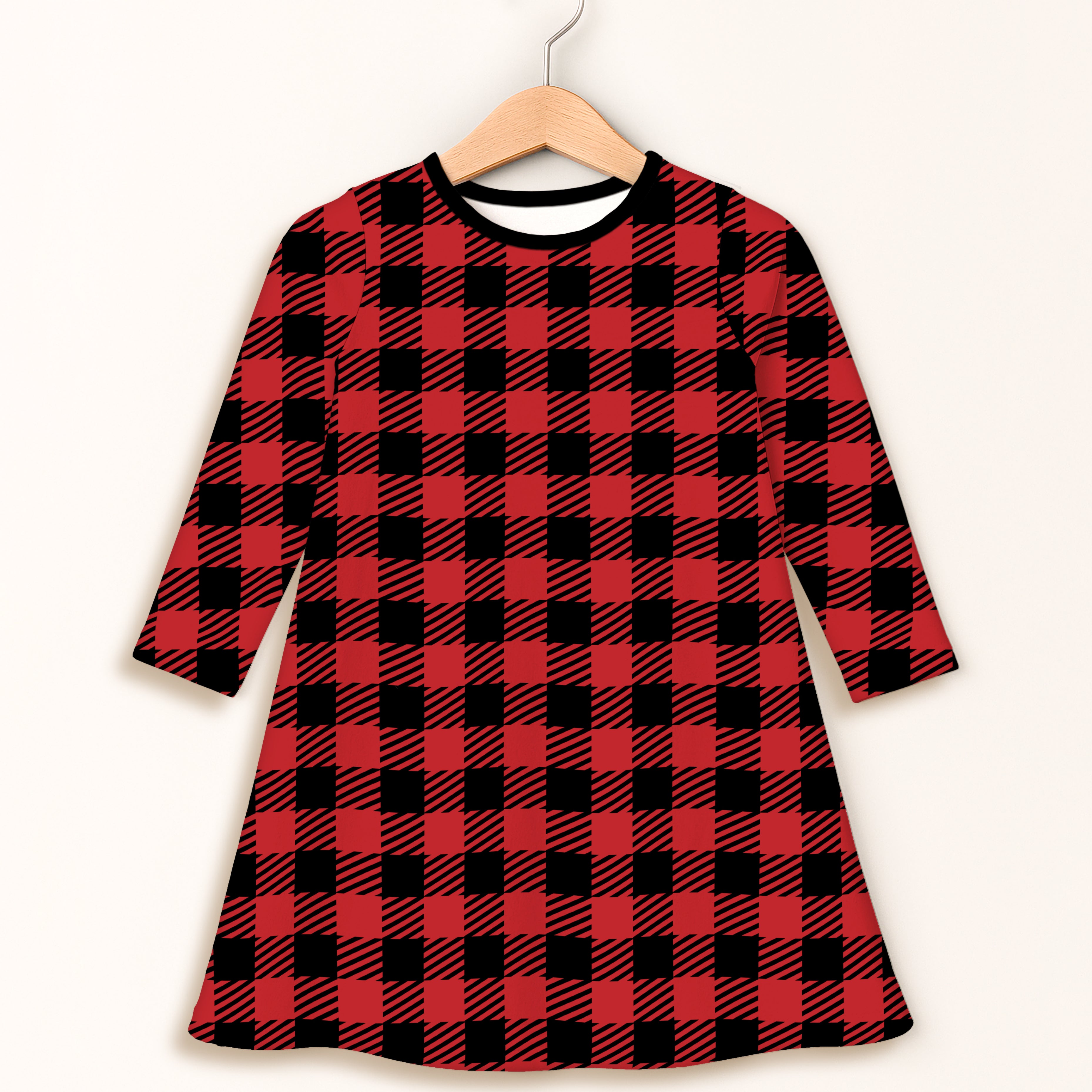 Girls red buffalo plaid long sleeve dress with flared skirt in red and black cotton fabric