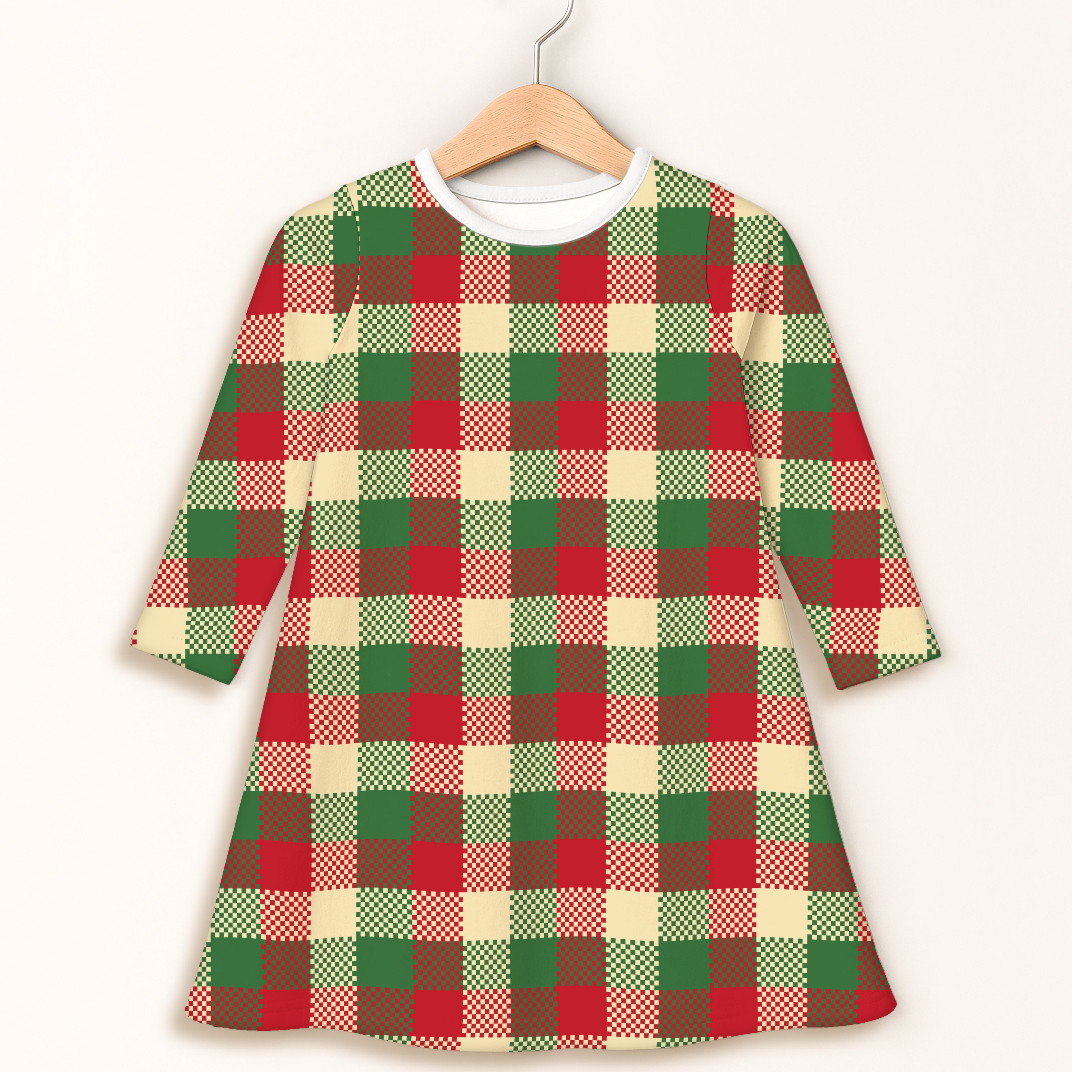 Girls christmas plaid long sleeve dress with red green and cream checkered festive pattern and subtle textured fabric