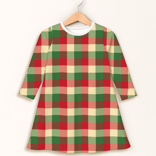 Girls christmas plaid long sleeve dress with red green and cream checkered festive pattern and subtle textured fabric