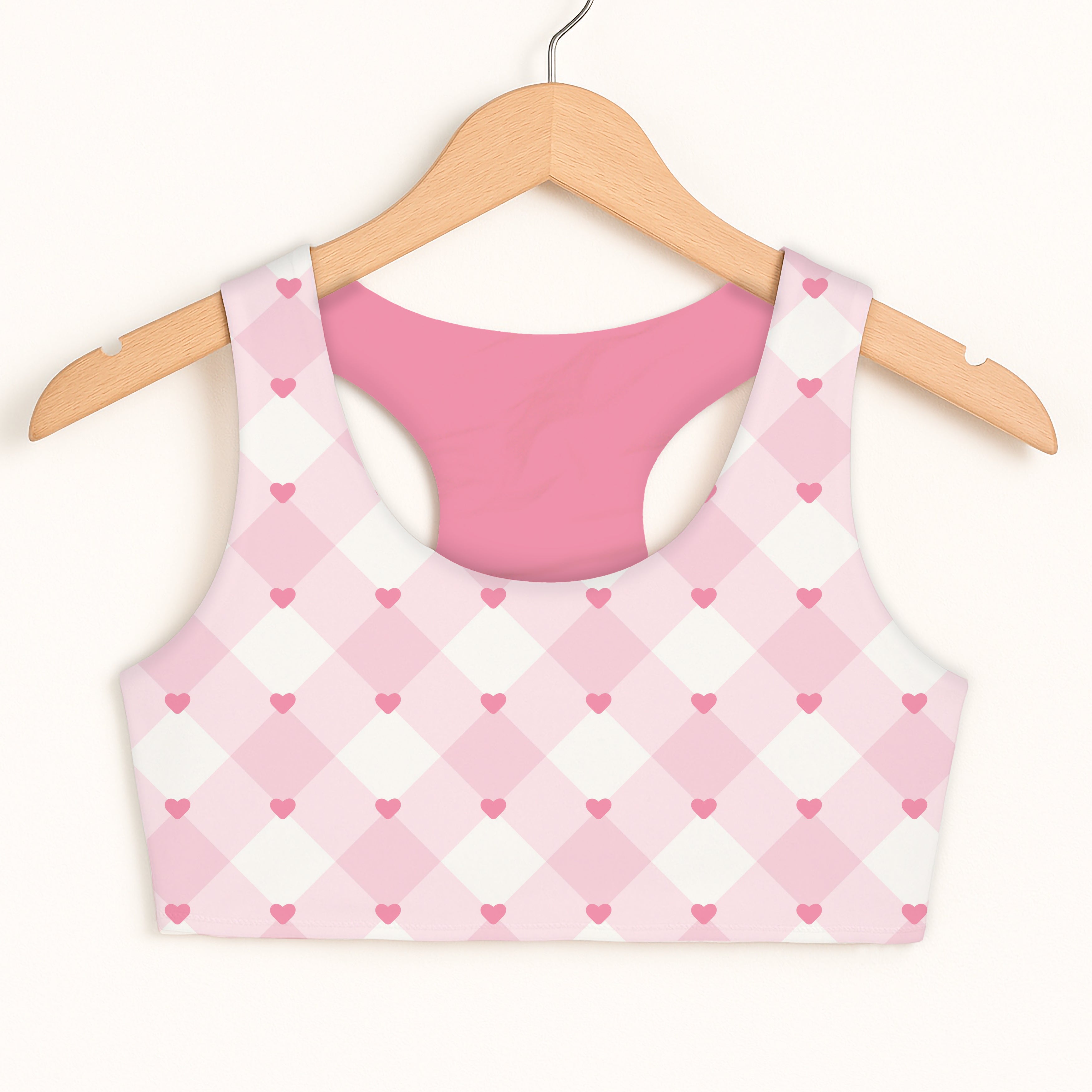 Girls pink gingham heart sports bra with pink and white argyle pattern and small hearts quick drying double layered comfort