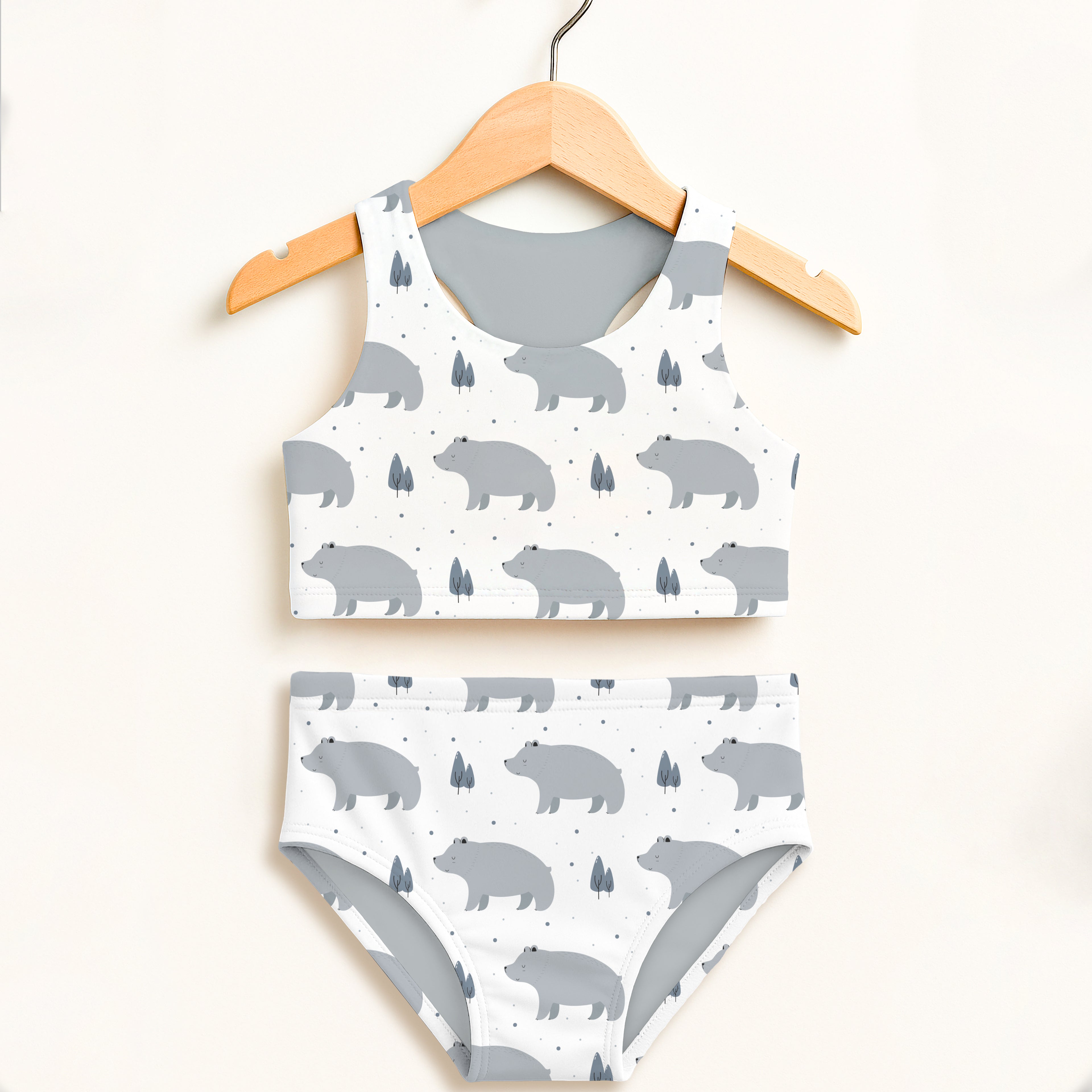 Girls polar bear two piece swimsuit white with gray bear and tree patterns double layered upf 50+ high waisted comfort
