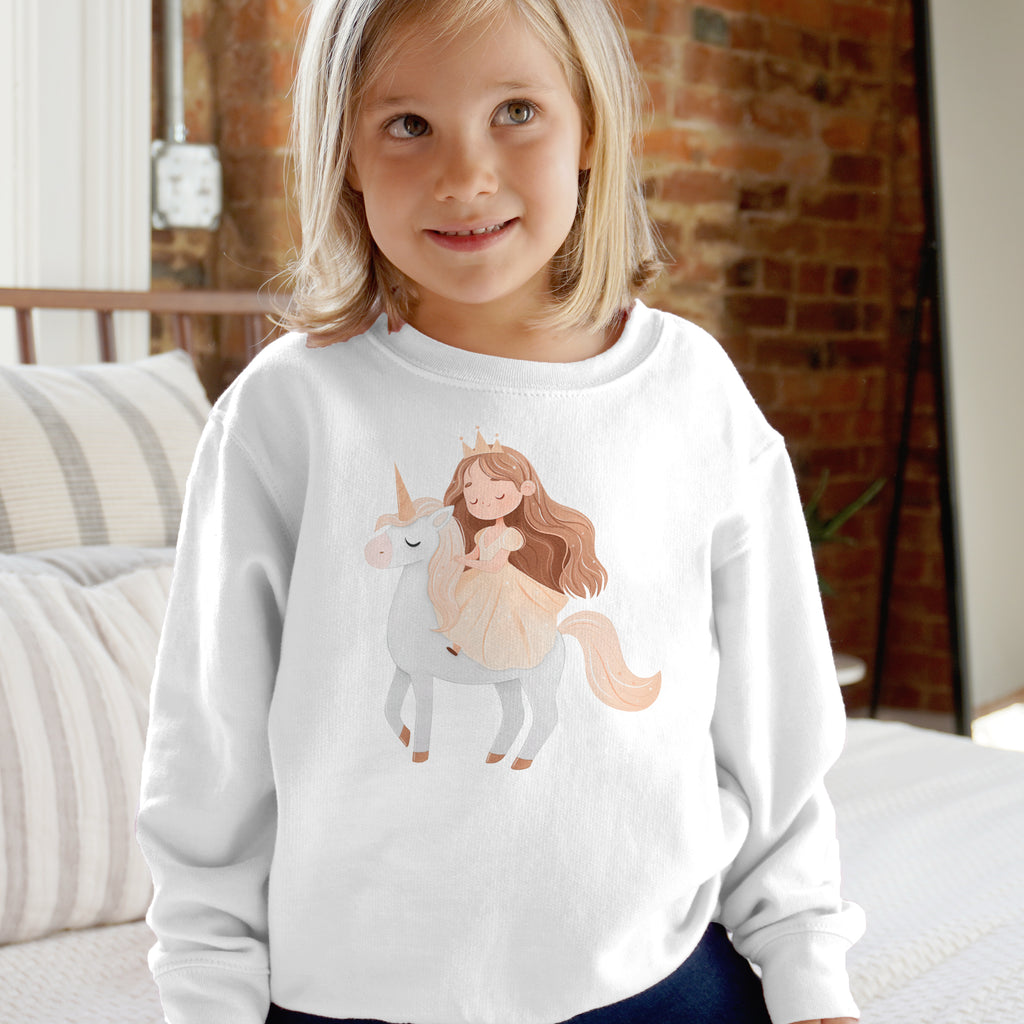 White long-sleeved sweatshirt with a soft illustration of a princess riding a white unicorn for girls
