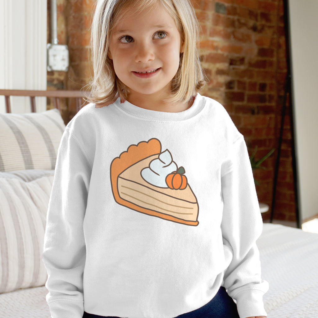 White long-sleeved kids sweatshirt with cartoon pumpkin pie and pumpkin design perfect for thanksgiving pullover