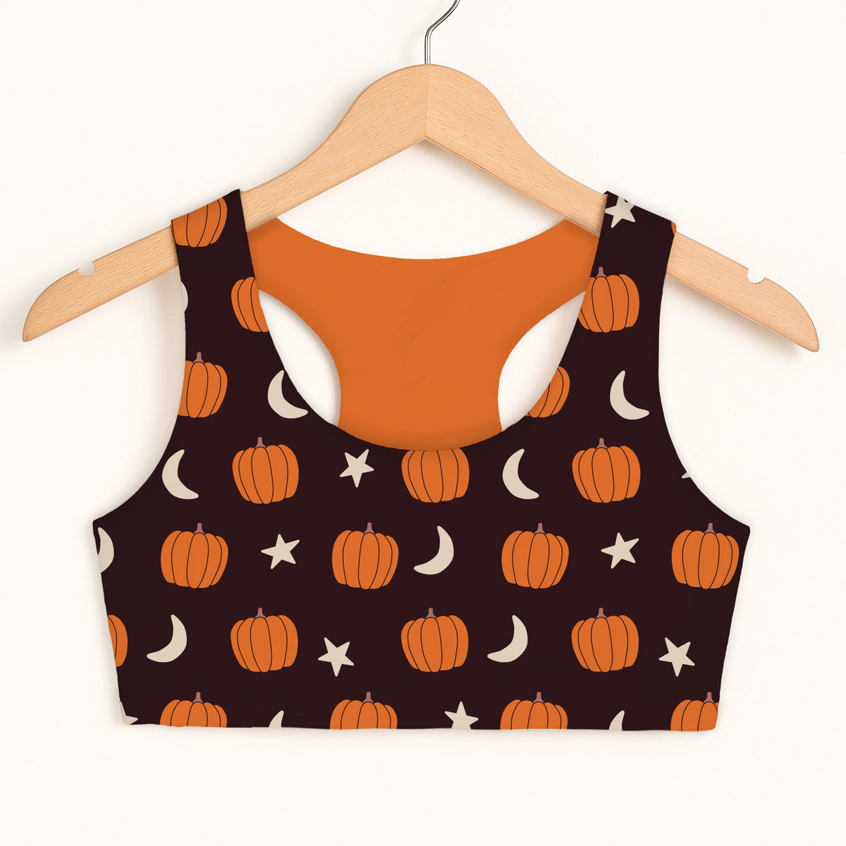 Girls Pumpkin Moon & Stars Halloween Sports Bra - Quick Drying, Double Layered Comfort