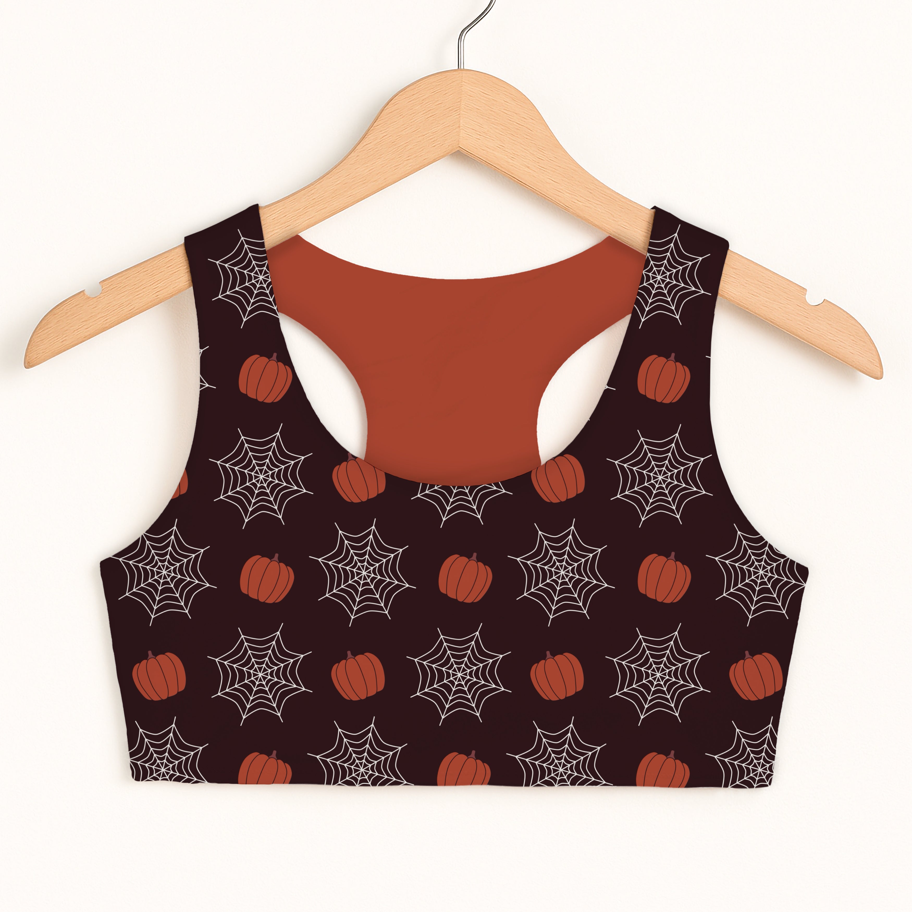 Girls Orange Pumpkin Spiderweb Sports Bra - Quick Drying, Double Layered Comfort