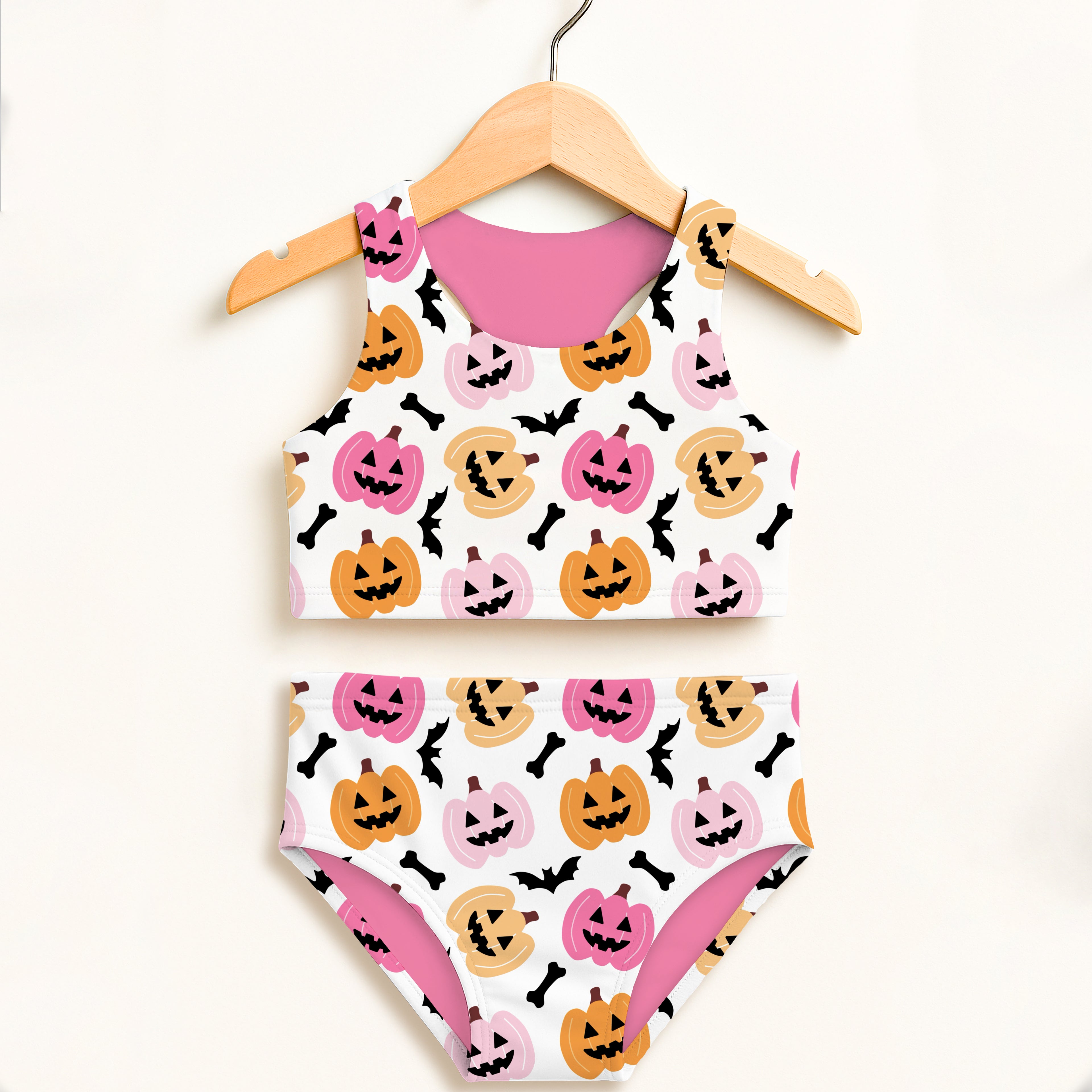 Girls Pink Orange Pumpkin Two Piece Swimsuit – Double Layered UPF 50+ High Waisted Comfort