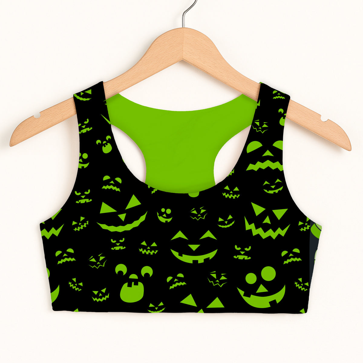 Girls Green Jack-O'-Lantern Faces Halloween Sports Bra - Quick Drying, Double Layered Comfort