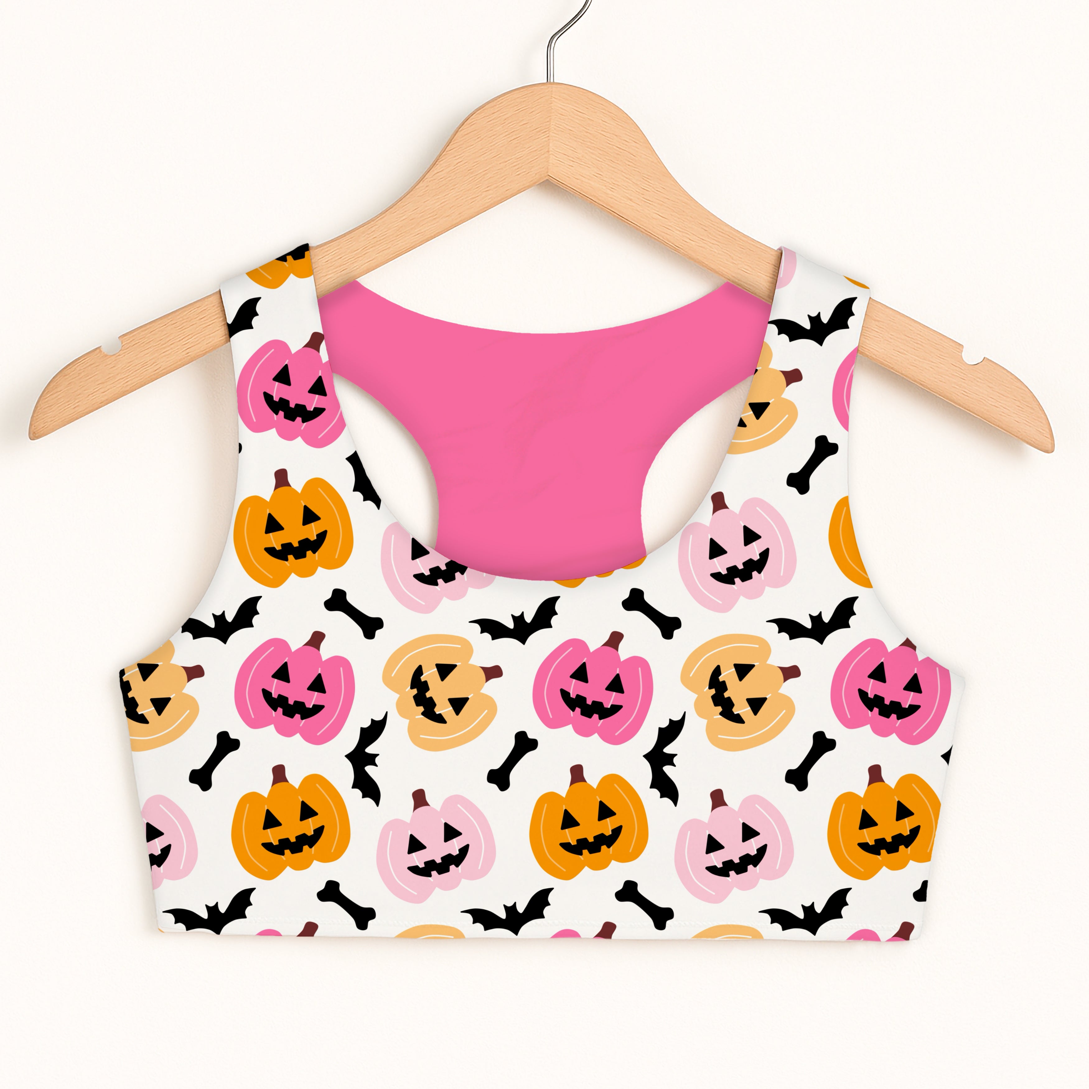 Girls Pink Pumpkin Patch Halloween Sports Bra - Quick Drying, Double Layered Comfort