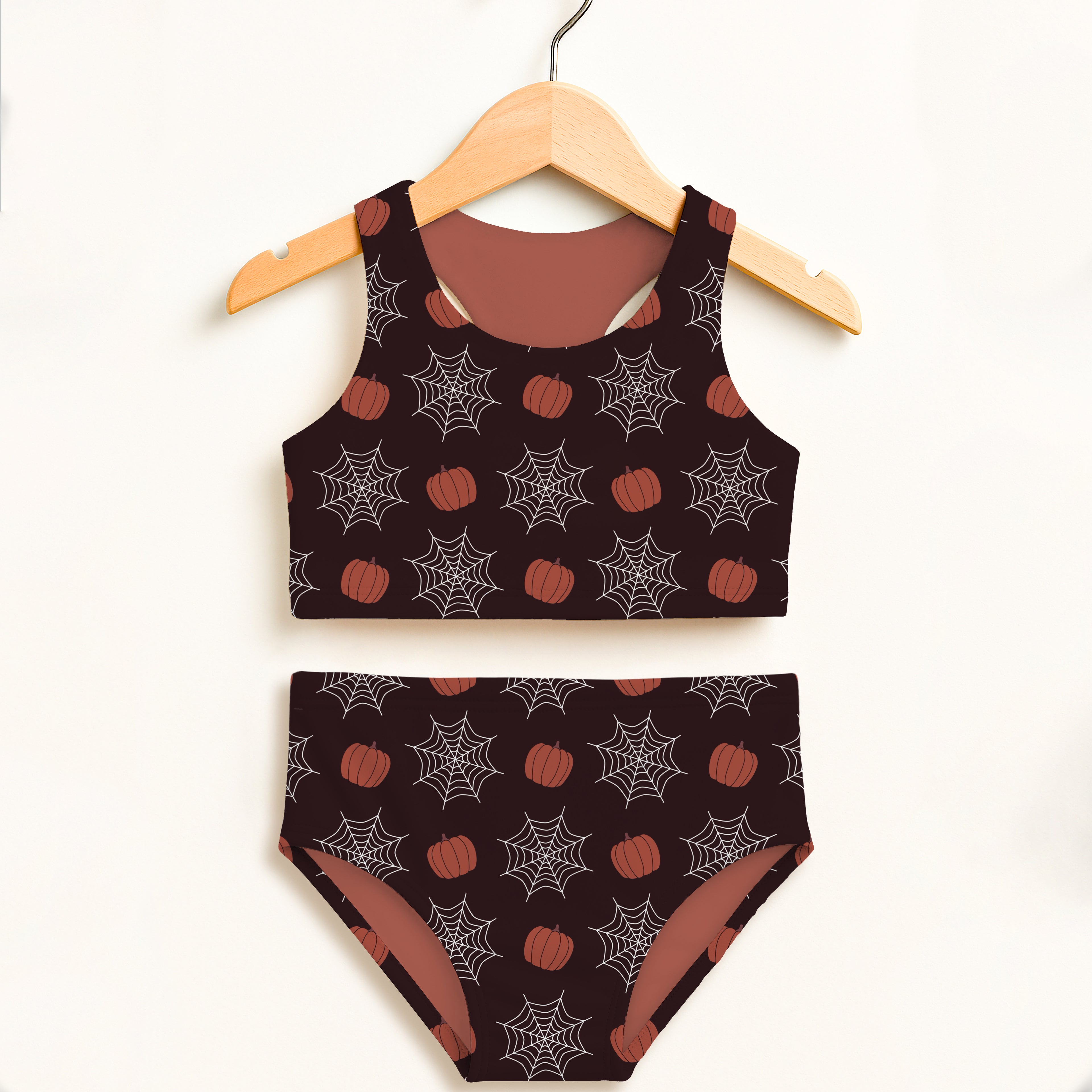 Girls Pumpkin Spider Web Two Piece Swimsuit – Double Layered UPF 50+ High Waisted Comfort