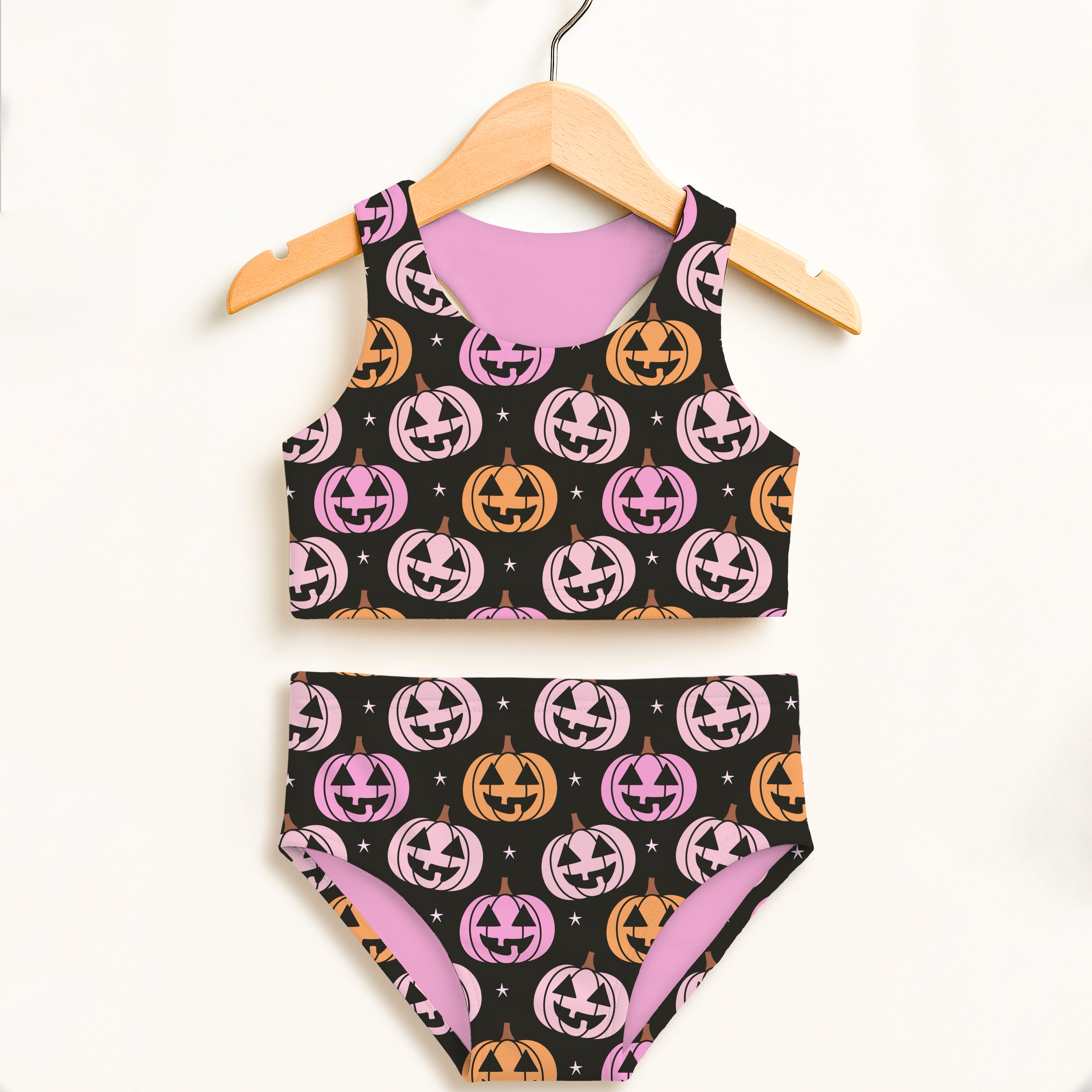 Girls Pink Pumpkin Two Piece Swimsuit – Double Layered UPF 50+ High Waisted Comfort