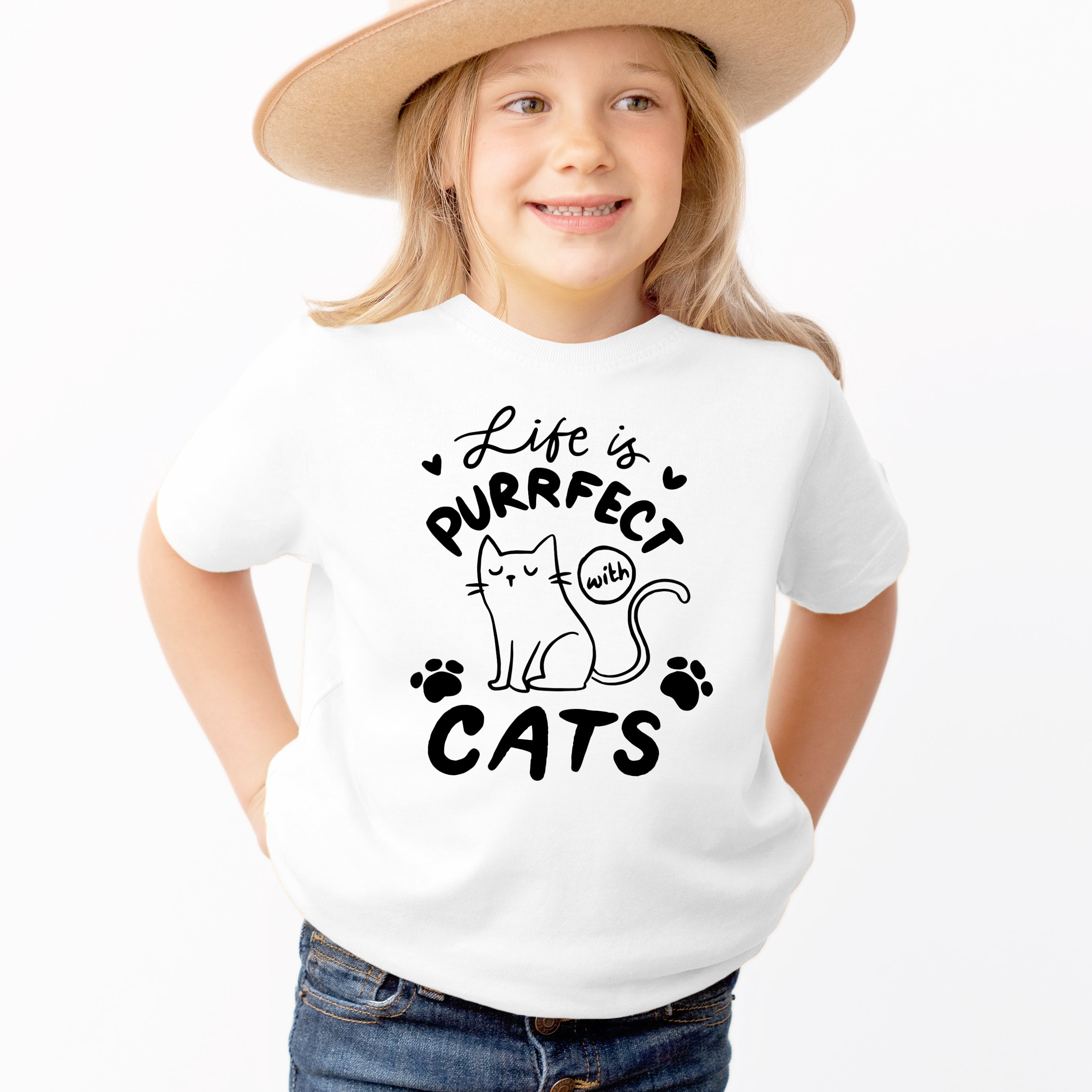 Kids 'Life Is Purrfect With Cats' T-Shirt - Soft Lightweight Cotton Tee