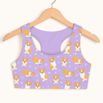 Girls Purple Corgi Dog Sports Bra - Quick Drying, Double Layered Comfort