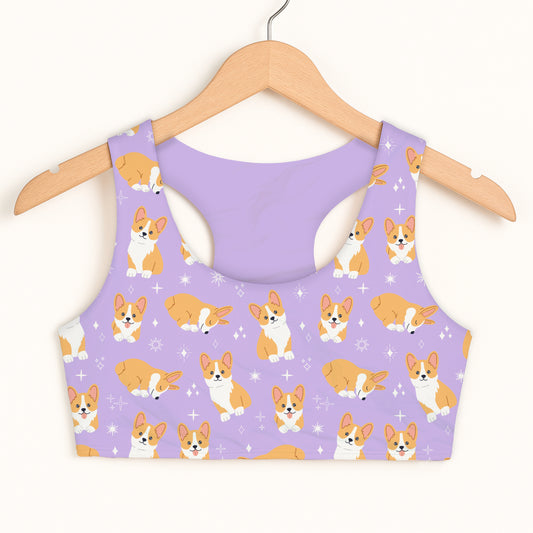 Girls Purple Corgi Dog Sports Bra