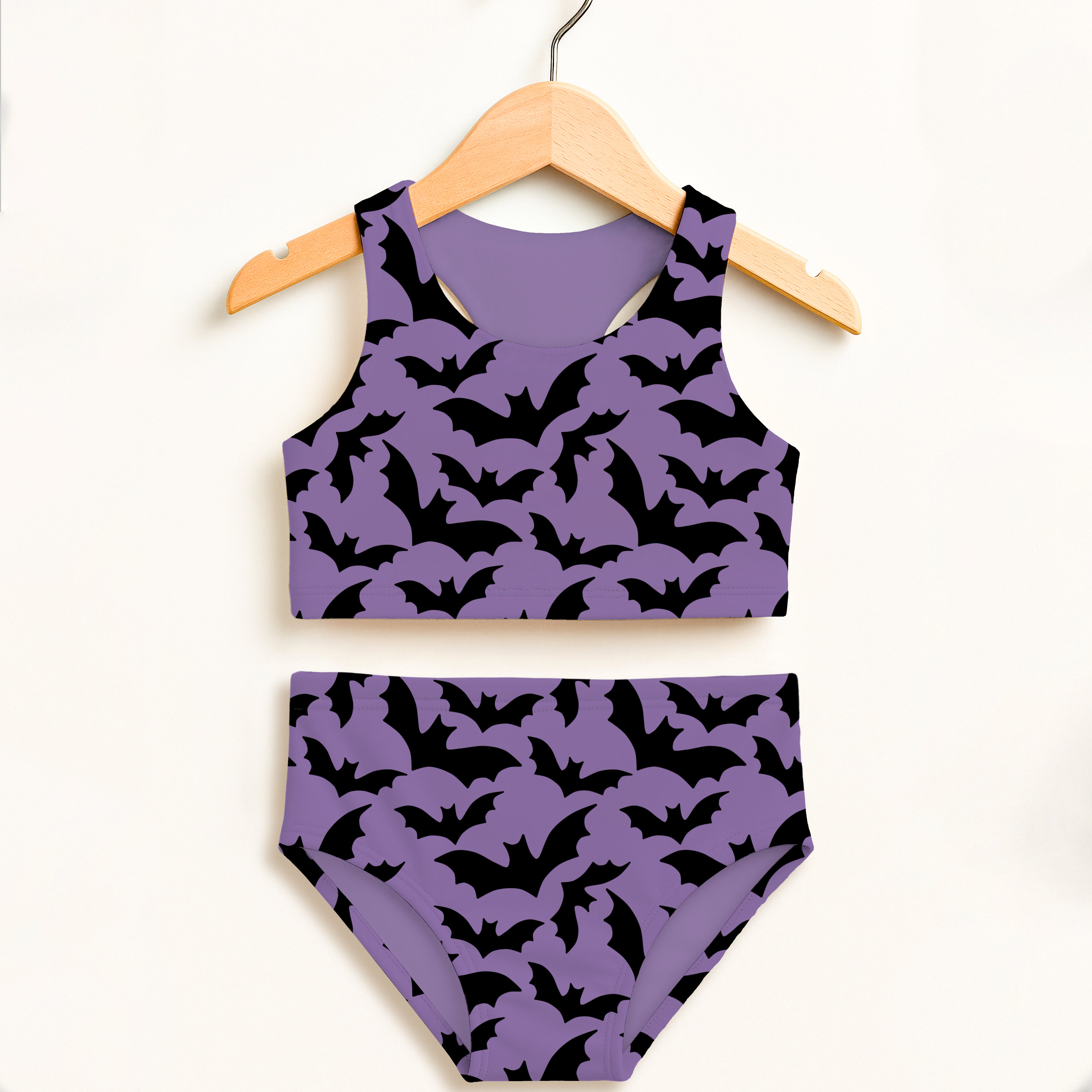Girls Purple Bat Two Piece Swimsuit – Double Layered UPF 50+ High Waisted Comfort