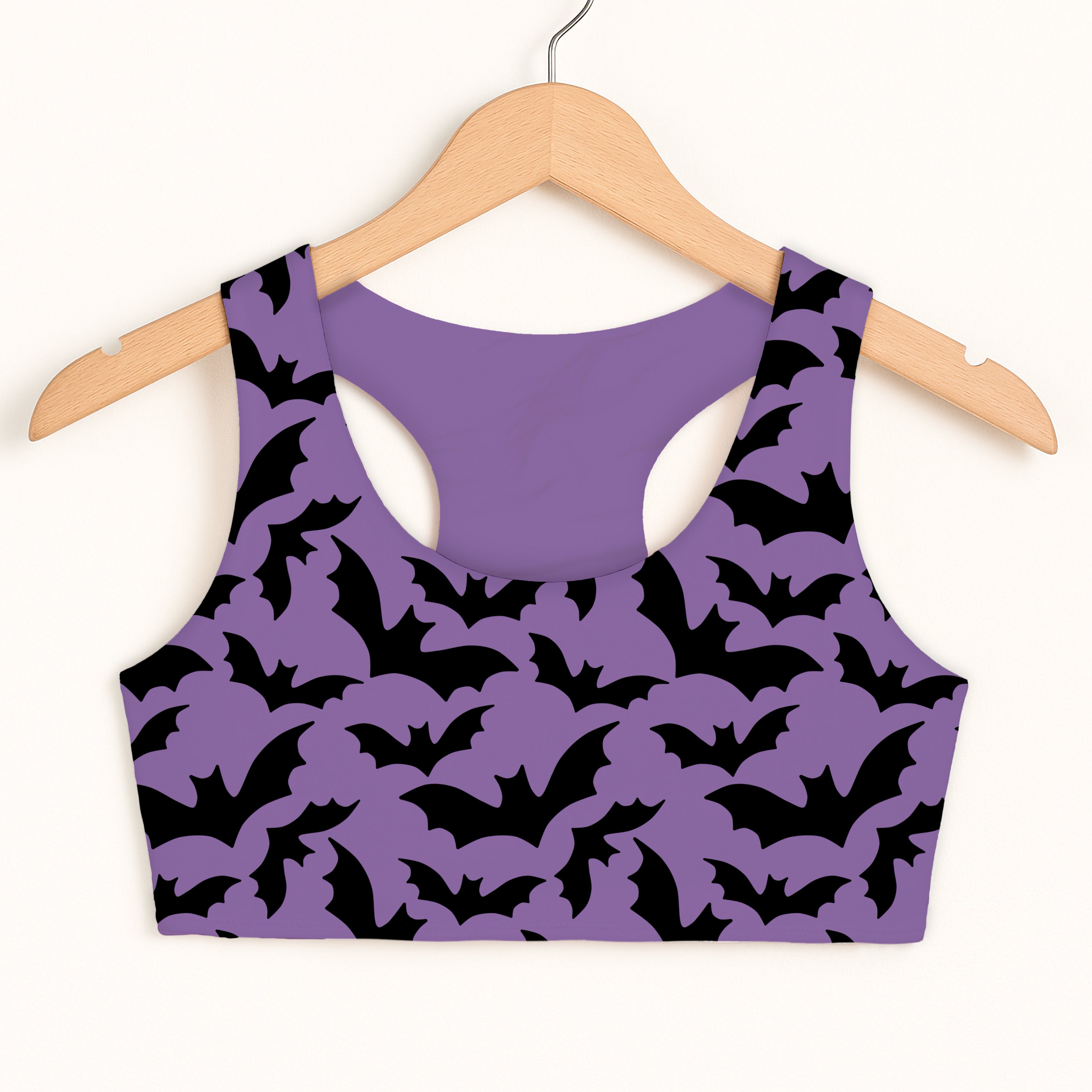 Girls Purple Halloween Bats Sports Bra - Quick Drying, Double Layered Comfort