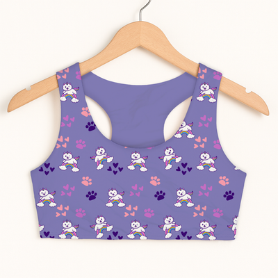 Girls purple caticorn sports bra with white winged cat pattern rainbow arcs and paw prints quick drying double layered comfort