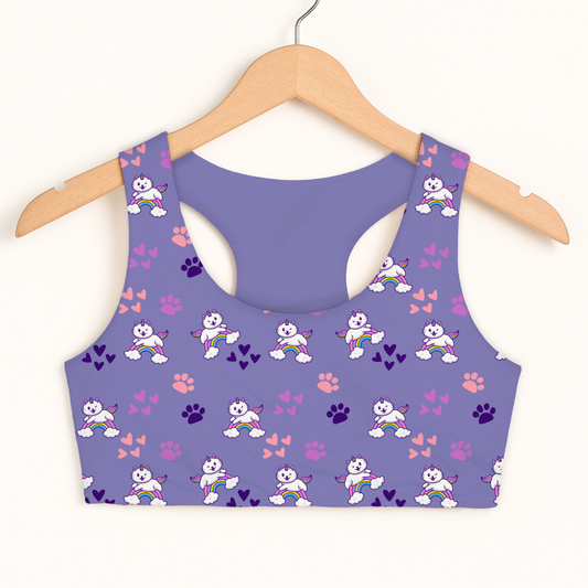 Girls Purple Caticorn Sports Bra — Quick Drying, Double Layered Comfort