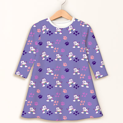 Girls purple caticorn long sleeve dress with white collar and playful winged cat, rainbow, paw print, and heart pattern