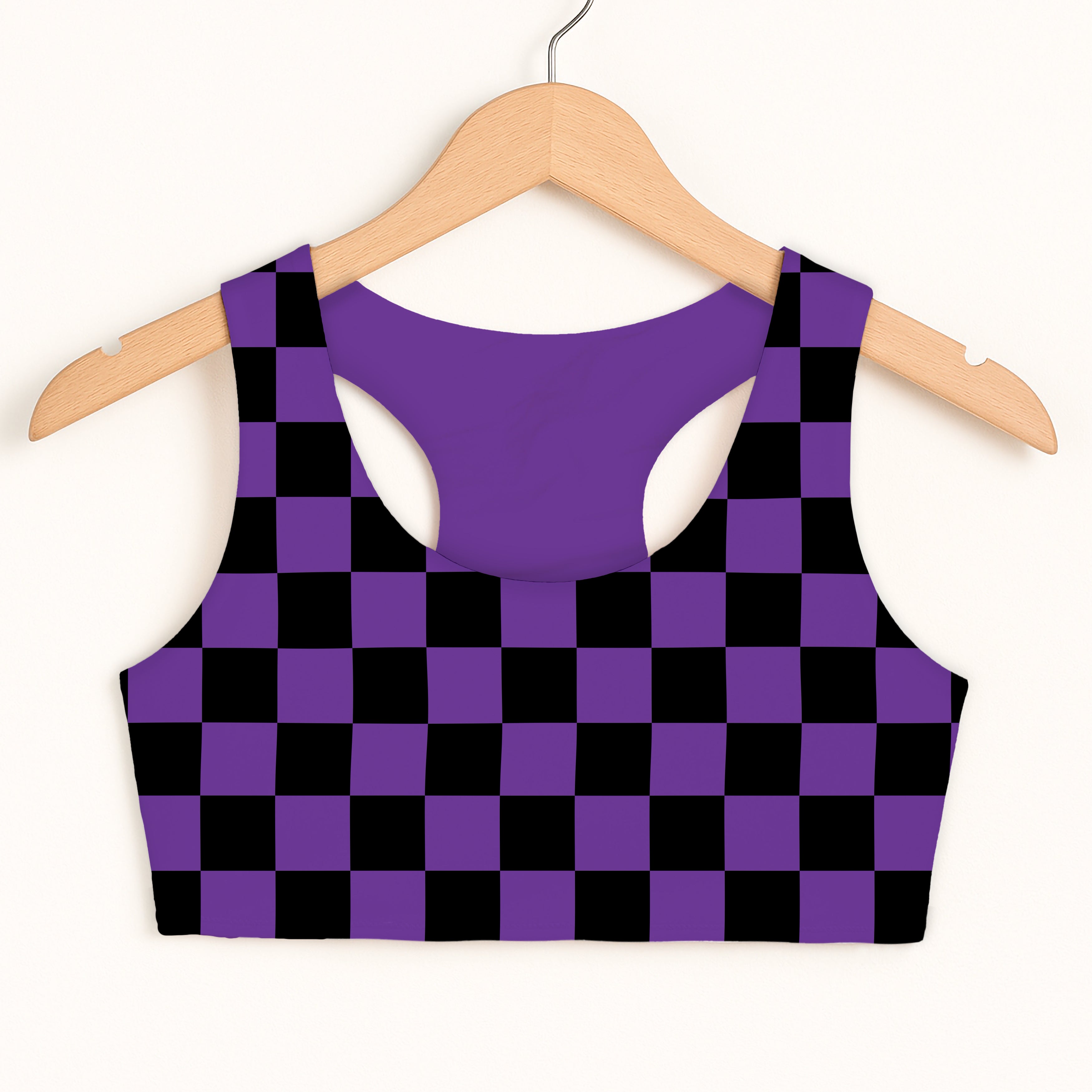 Girls Purple Checkered Halloween Sports Bra - Quick Drying, Double Layered Comfort