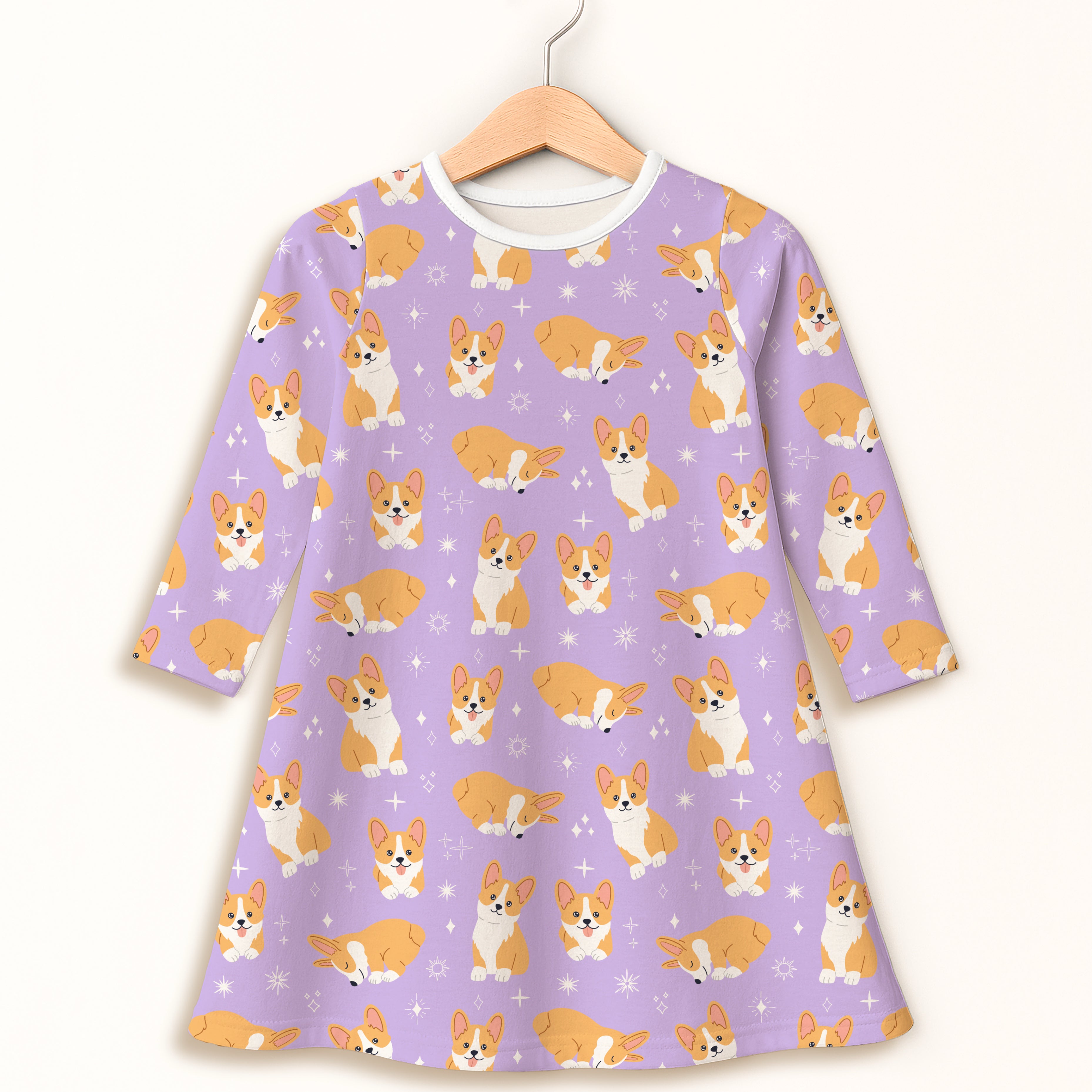 Girls Purple Corgi Dog Long Sleeve Dress