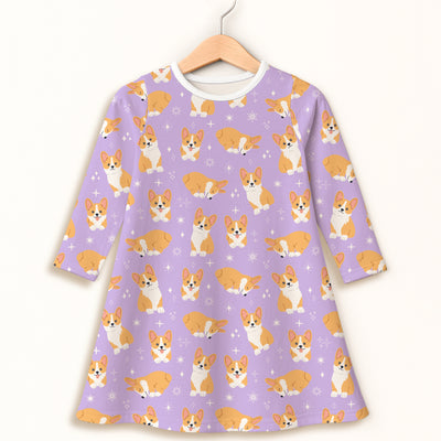 Girls Purple Corgi Dog Long Sleeve Dress