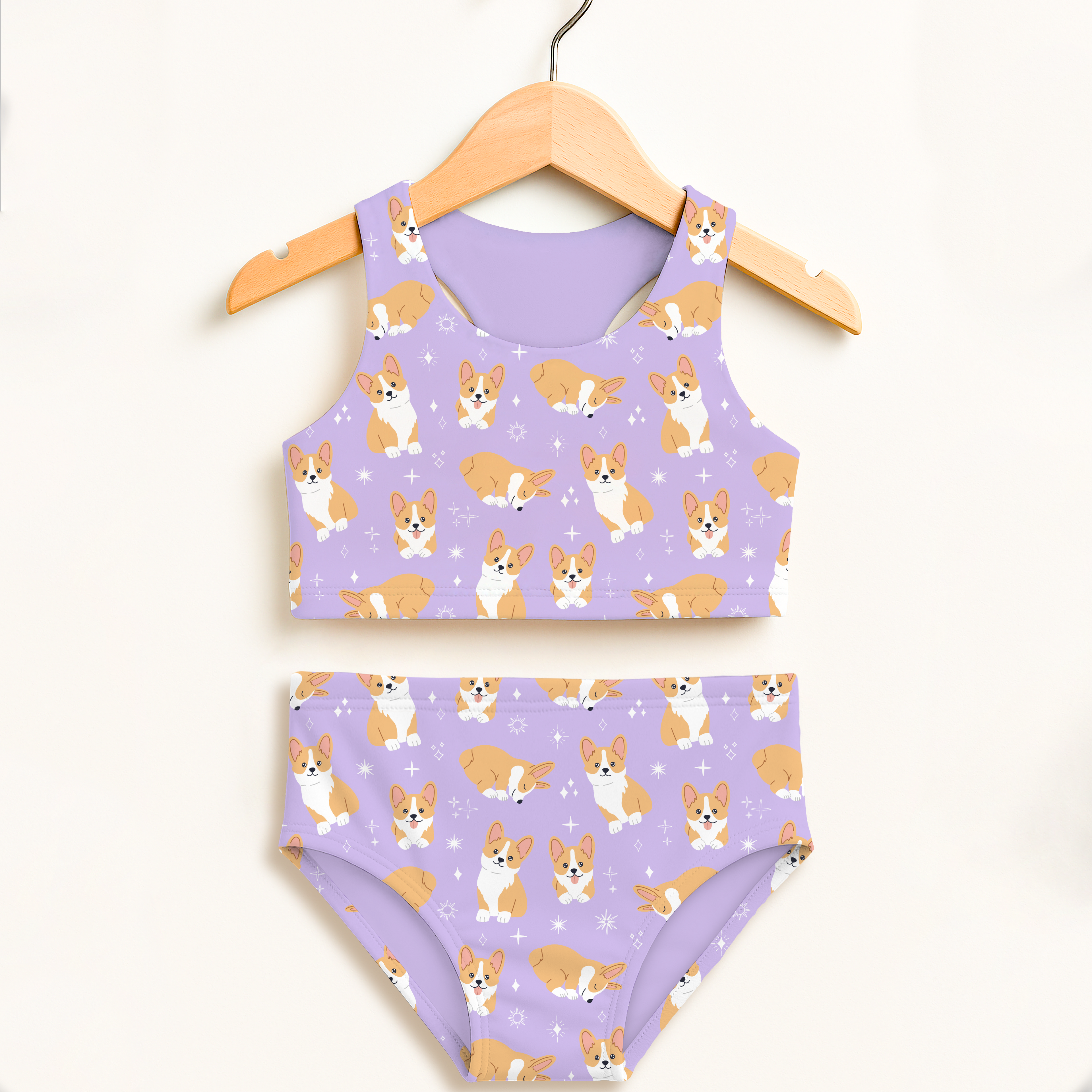 Girls Purple Corgi Dog Two Piece Swimsuit – Double Layered UPF 50+ High Waisted Comfort