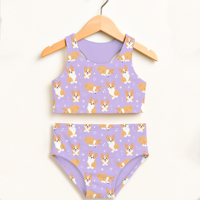 Girls Purple Corgi Dog Two Piece Swimsuit – Double Layered UPF 50+ High Waisted Comfort