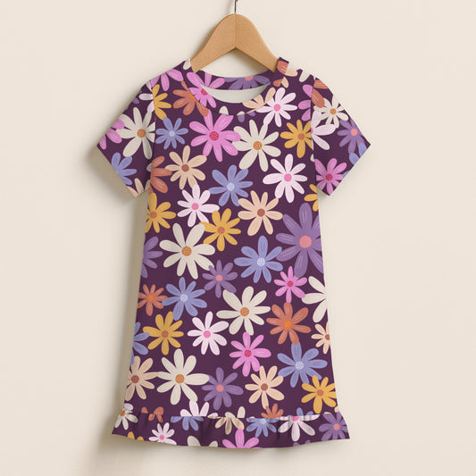 Girls Purple Floral Short Sleeve Ruffle Hem Dress