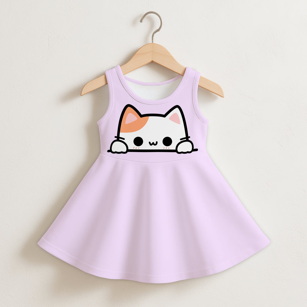 Girls peeking cat sleeveless dress featuring a soft lavender color and playful cartoon cat design at the hem