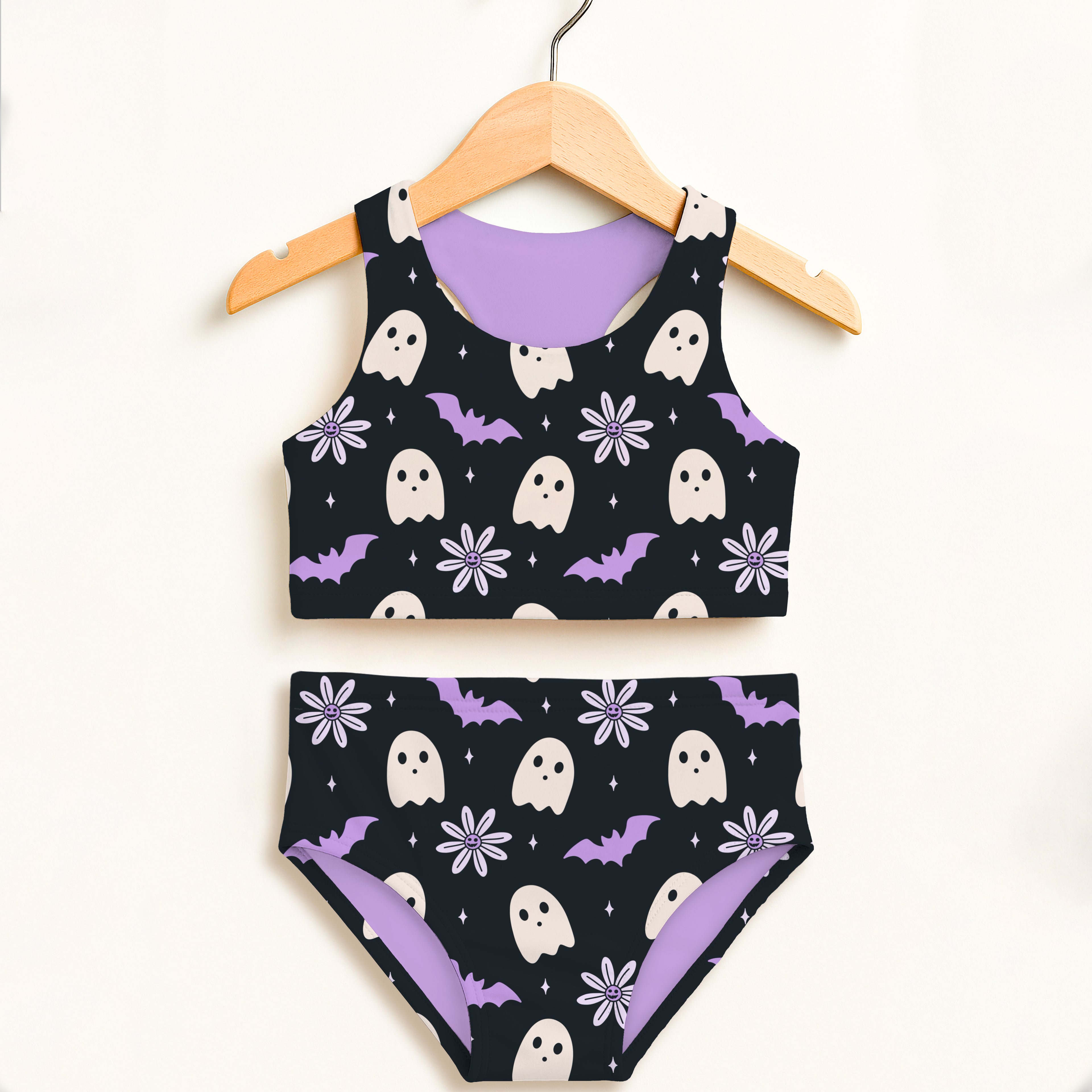 Girls Purple Floral Ghost & Bat Halloween Two Piece Swimsuit – Double Layered UPF 50+ High Waisted Comfort