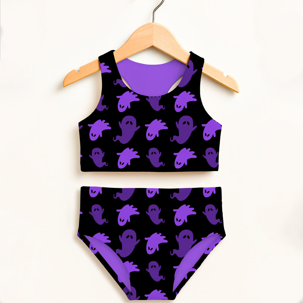 Girls Purple Ghost Halloween Two Piece Swimsuit – Double Layered UPF 50+ High Waisted Comfort