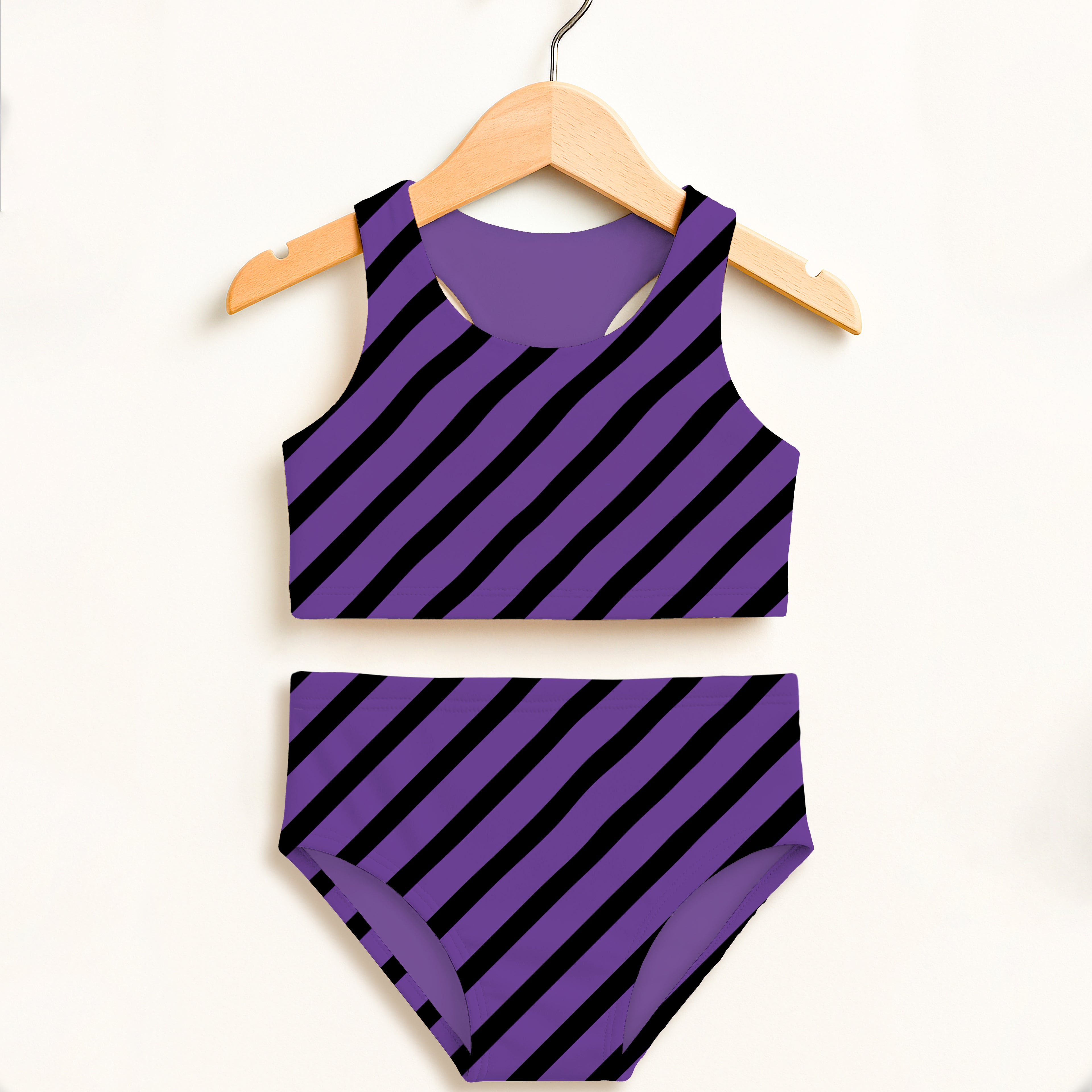 Girls Purple Diagonal Stripes Halloween Two Piece Swimsuit – Double Layered UPF 50+ High Waisted Comfort